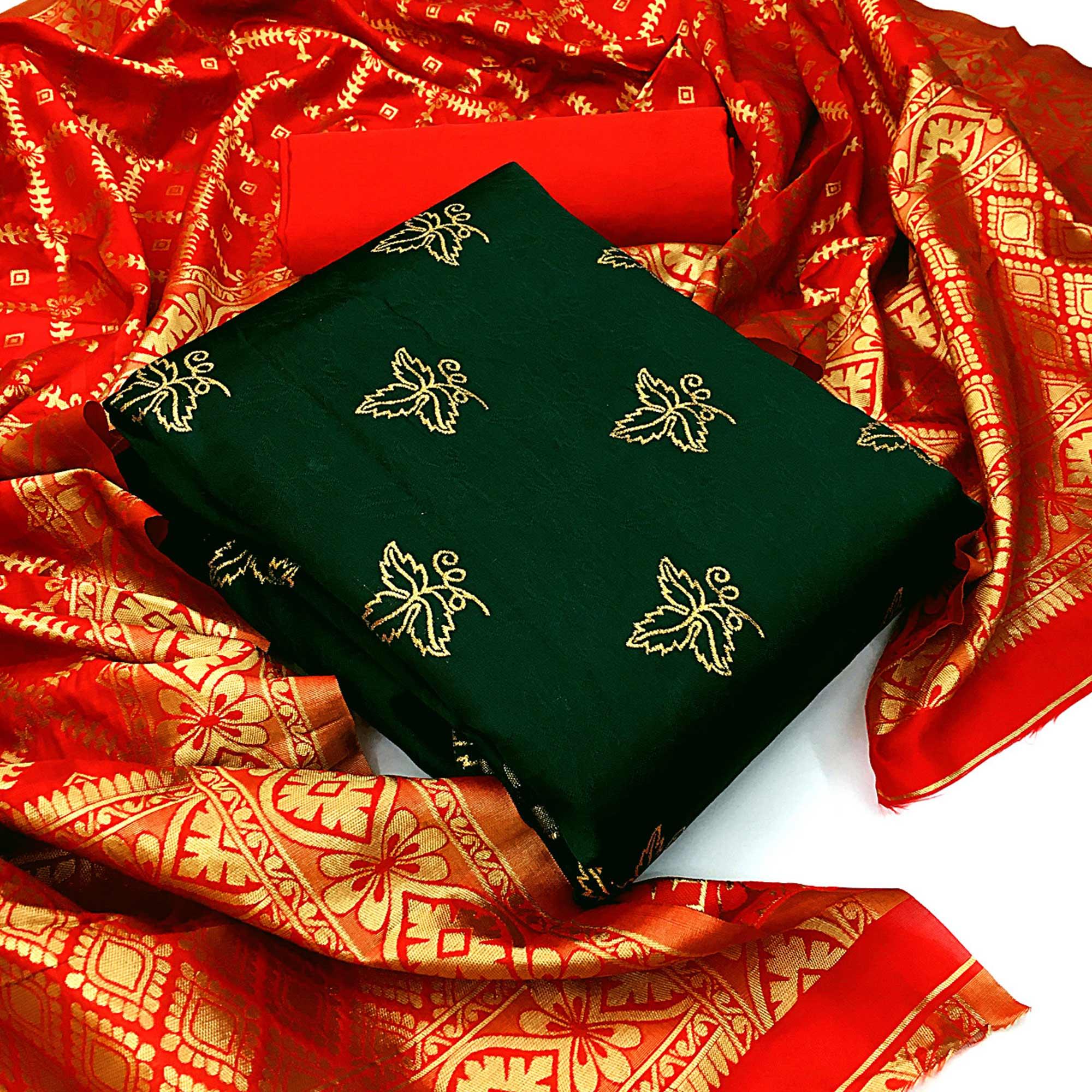 Blissful Green Colored Casual Wear Woven Banarasi Silk Dress Material - Peachmode