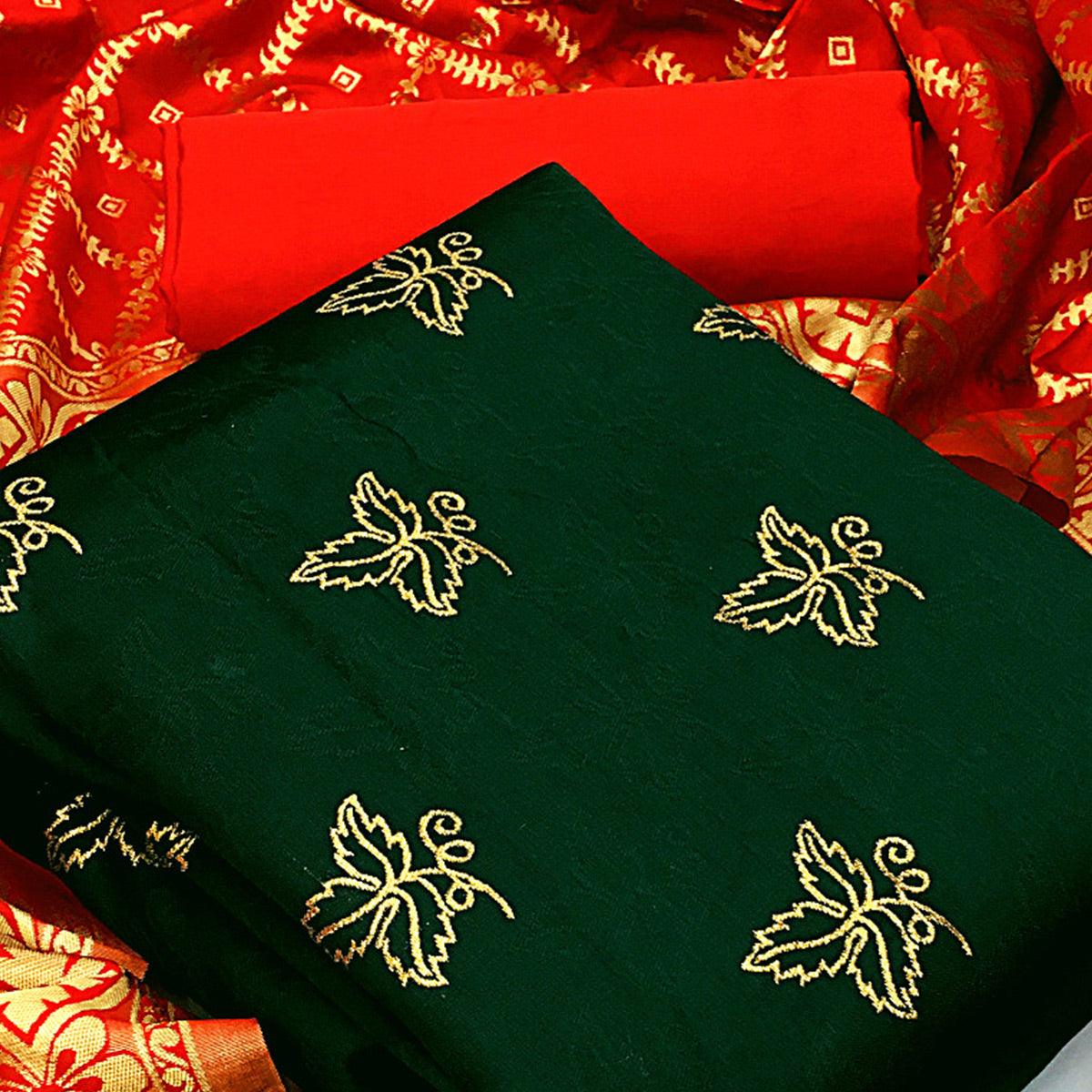 Blissful Green Colored Casual Wear Woven Banarasi Silk Dress Material - Peachmode