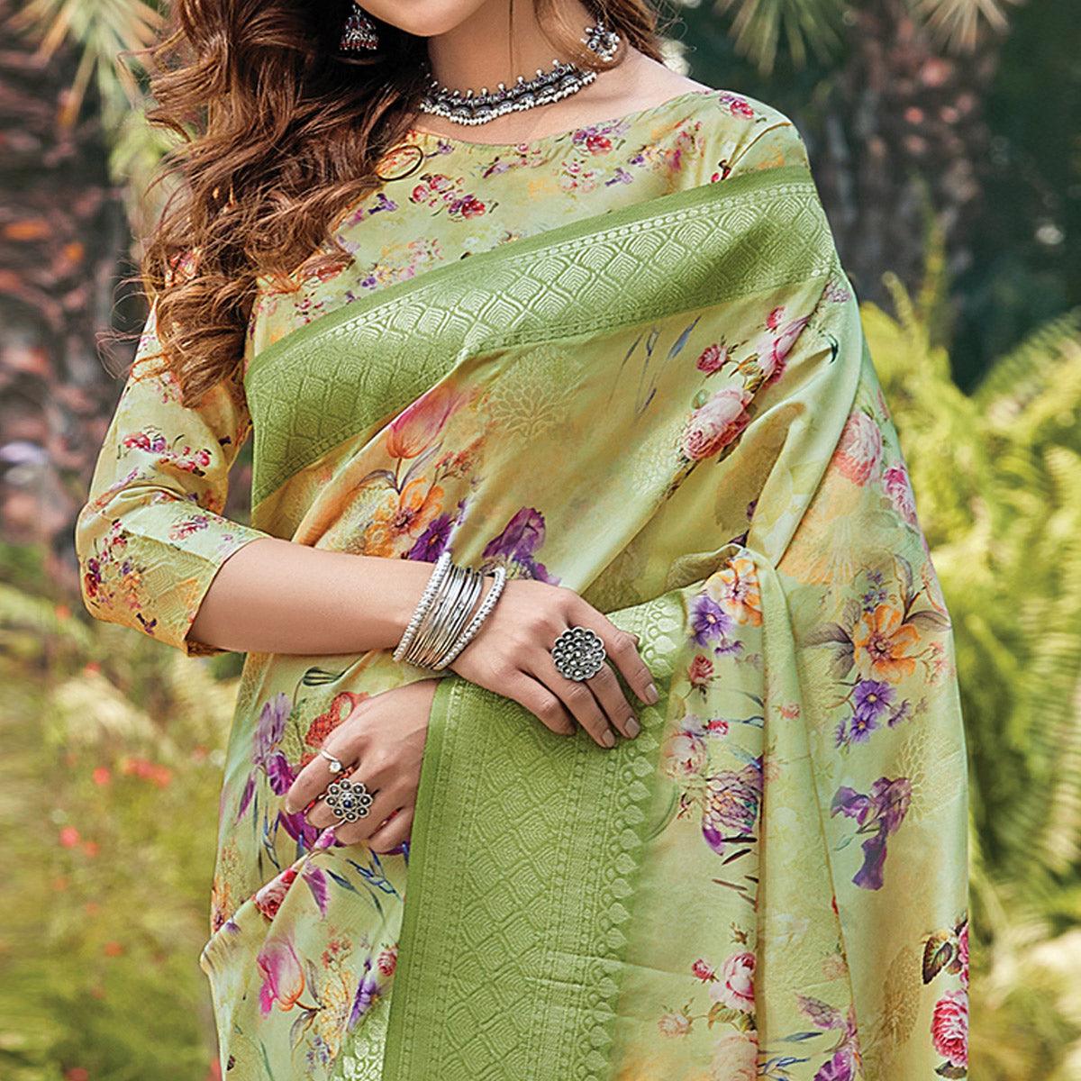 Blissful Green Colored Festive Wear Digital Printed Silk Saree - Peachmode