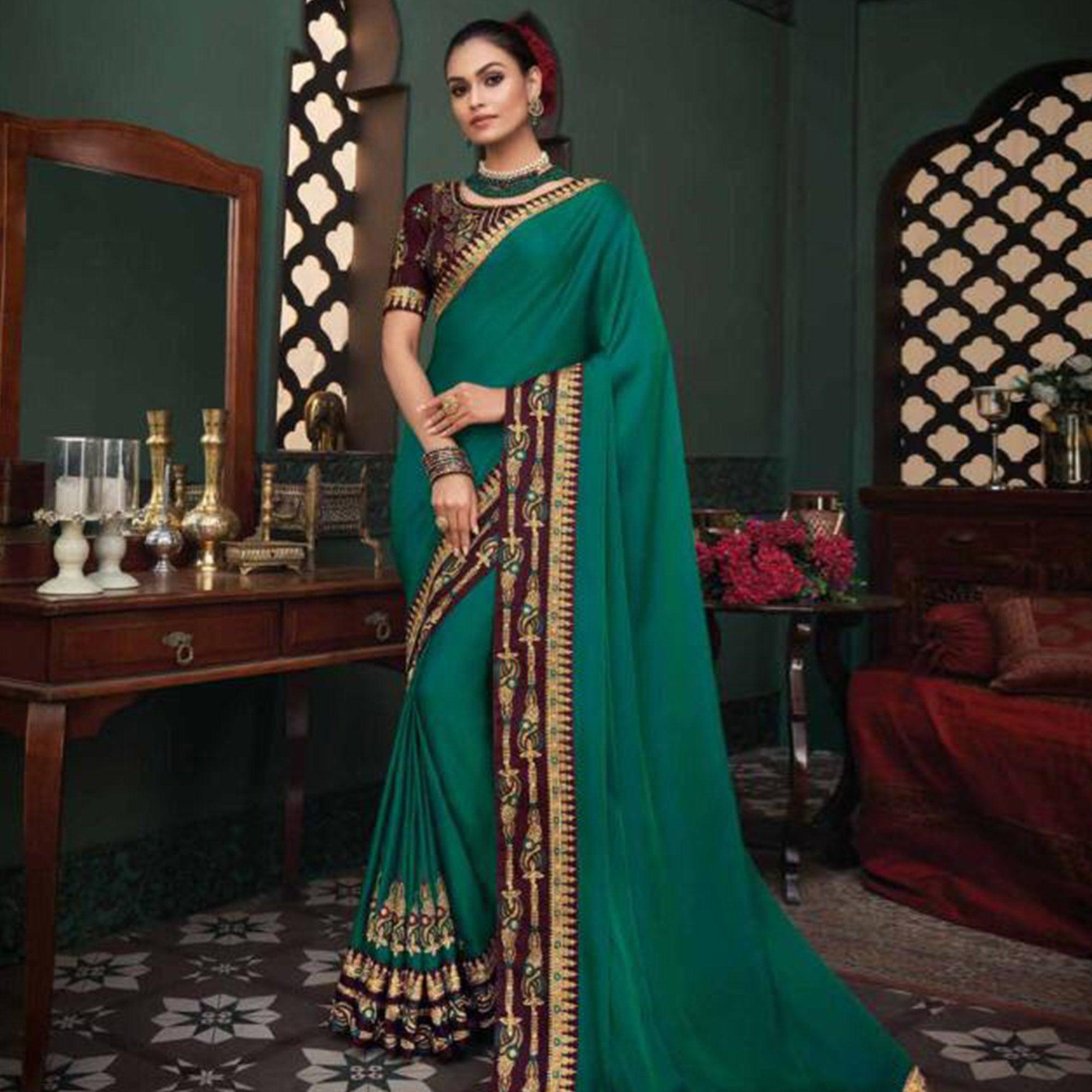 Blissful Green Colored Festive Wear Embroidered Heavy Border Silk Saree - Peachmode