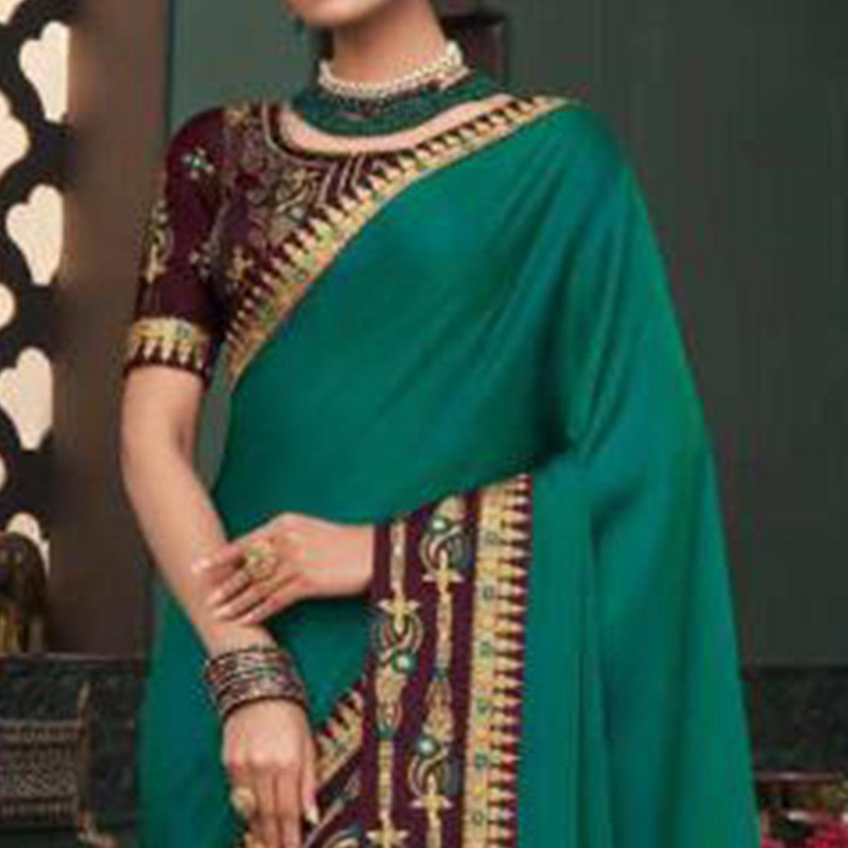 Blissful Green Colored Festive Wear Embroidered Heavy Border Silk Saree - Peachmode