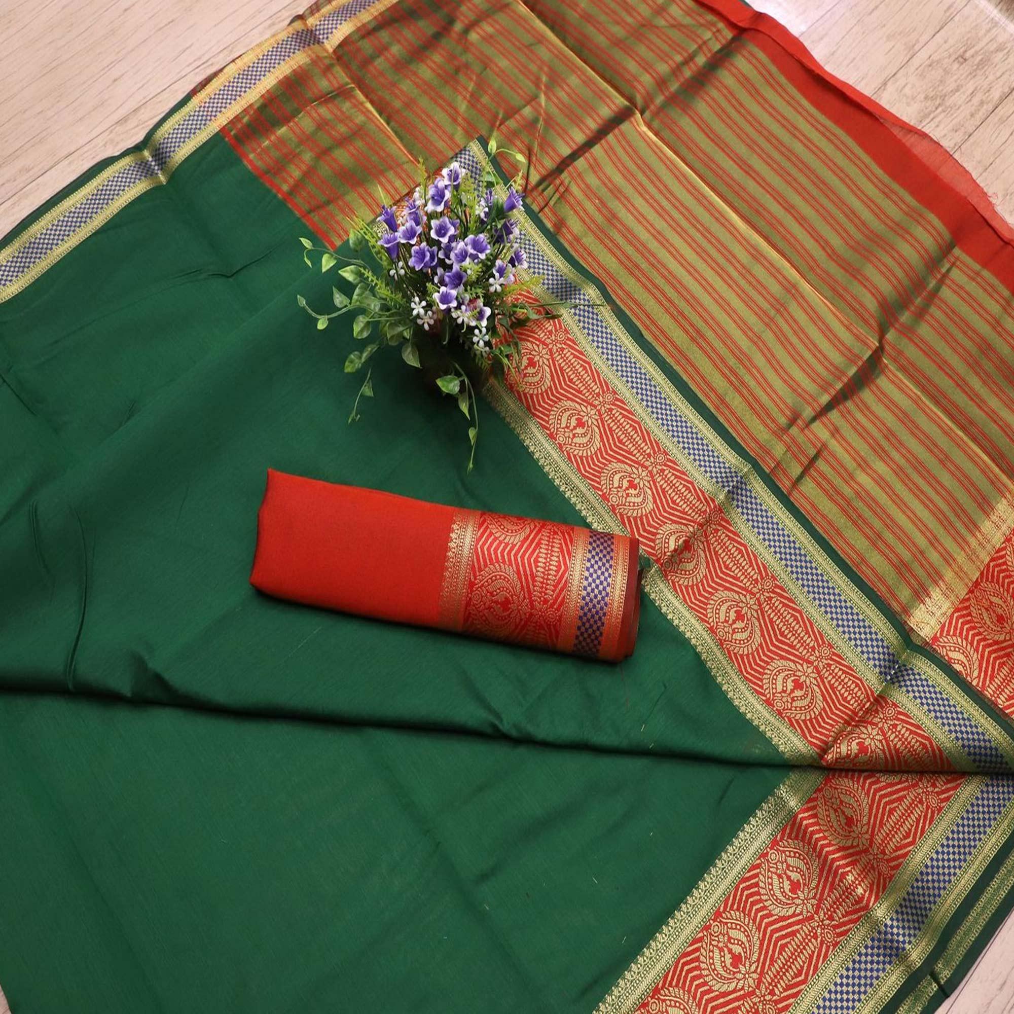 Blissful Green Colored Festive Wear Woven Banarasi Silk Saree - Peachmode
