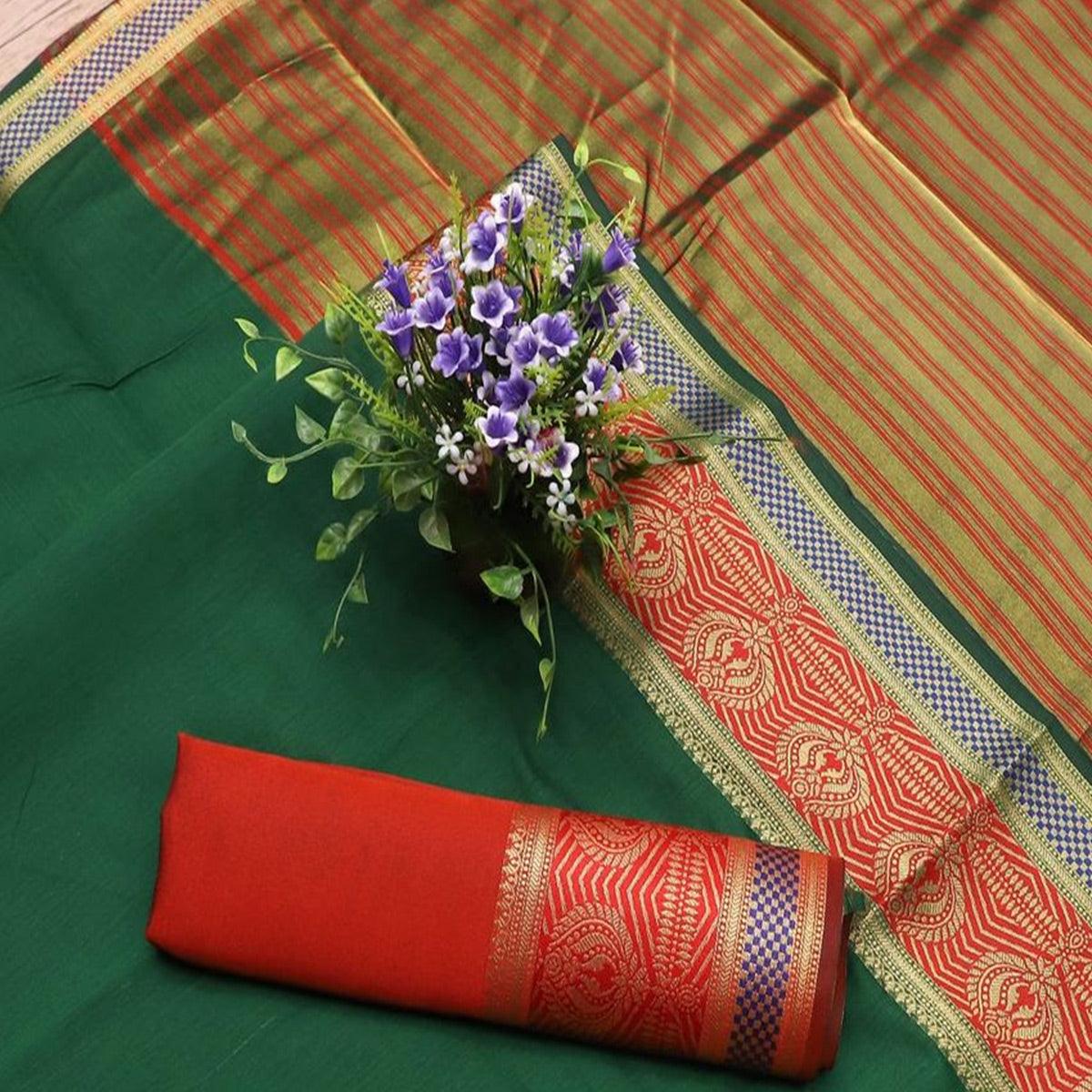Blissful Green Colored Festive Wear Woven Banarasi Silk Saree - Peachmode