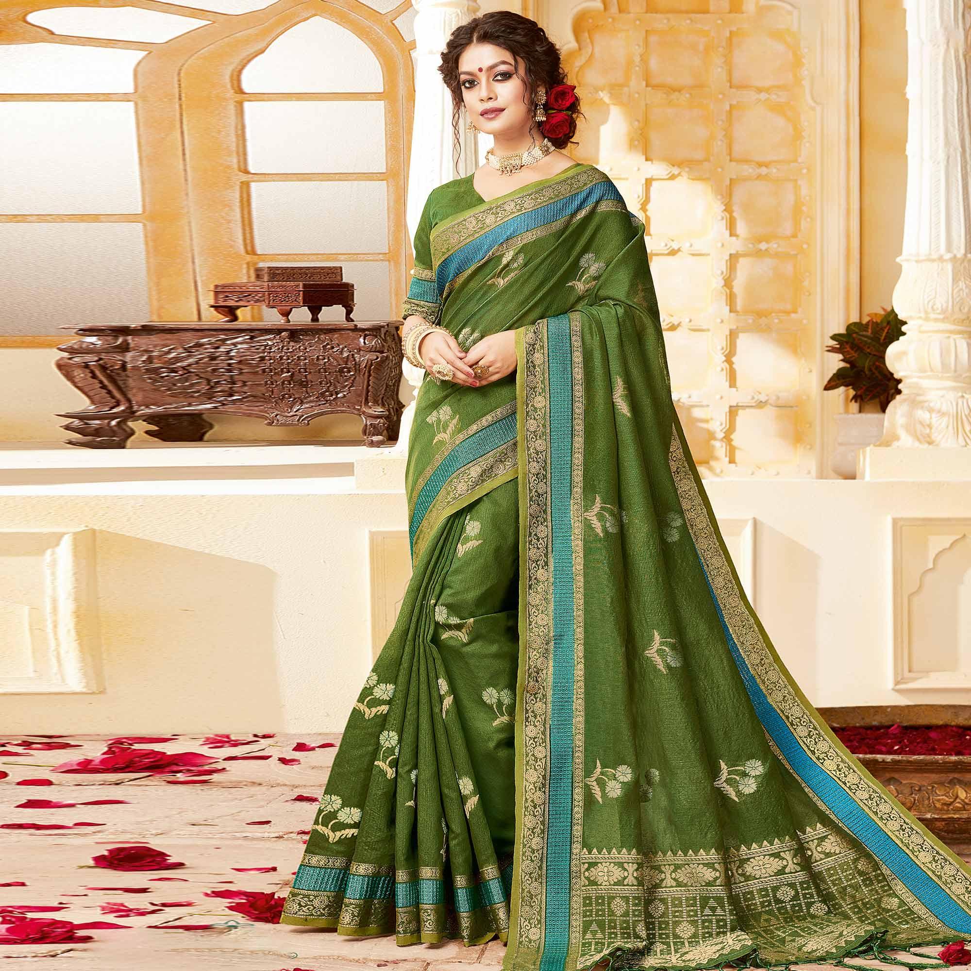 Blissful Green Colored Festive Wear Woven Cotton Handloom Saree - Peachmode