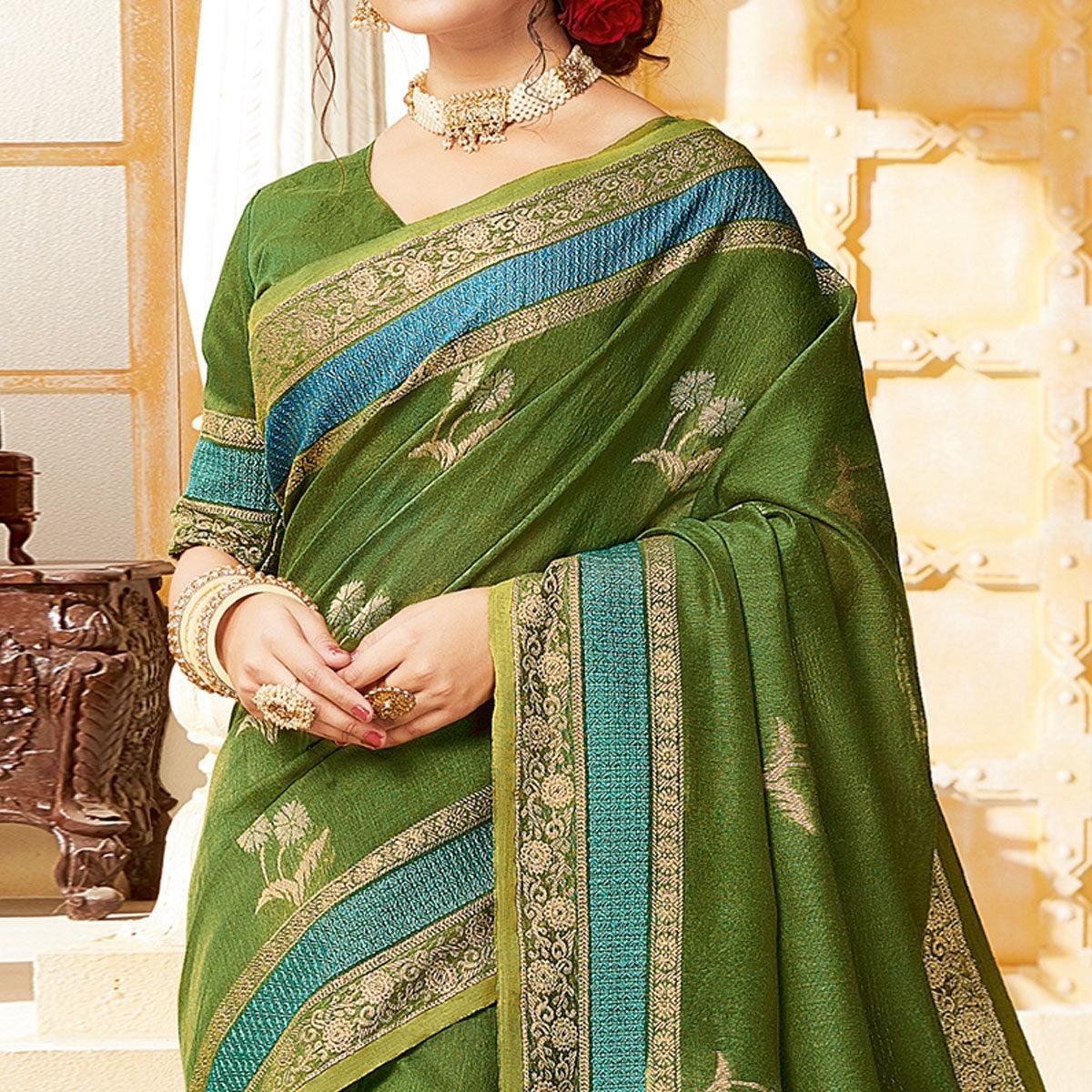Blissful Green Colored Festive Wear Woven Cotton Handloom Saree - Peachmode