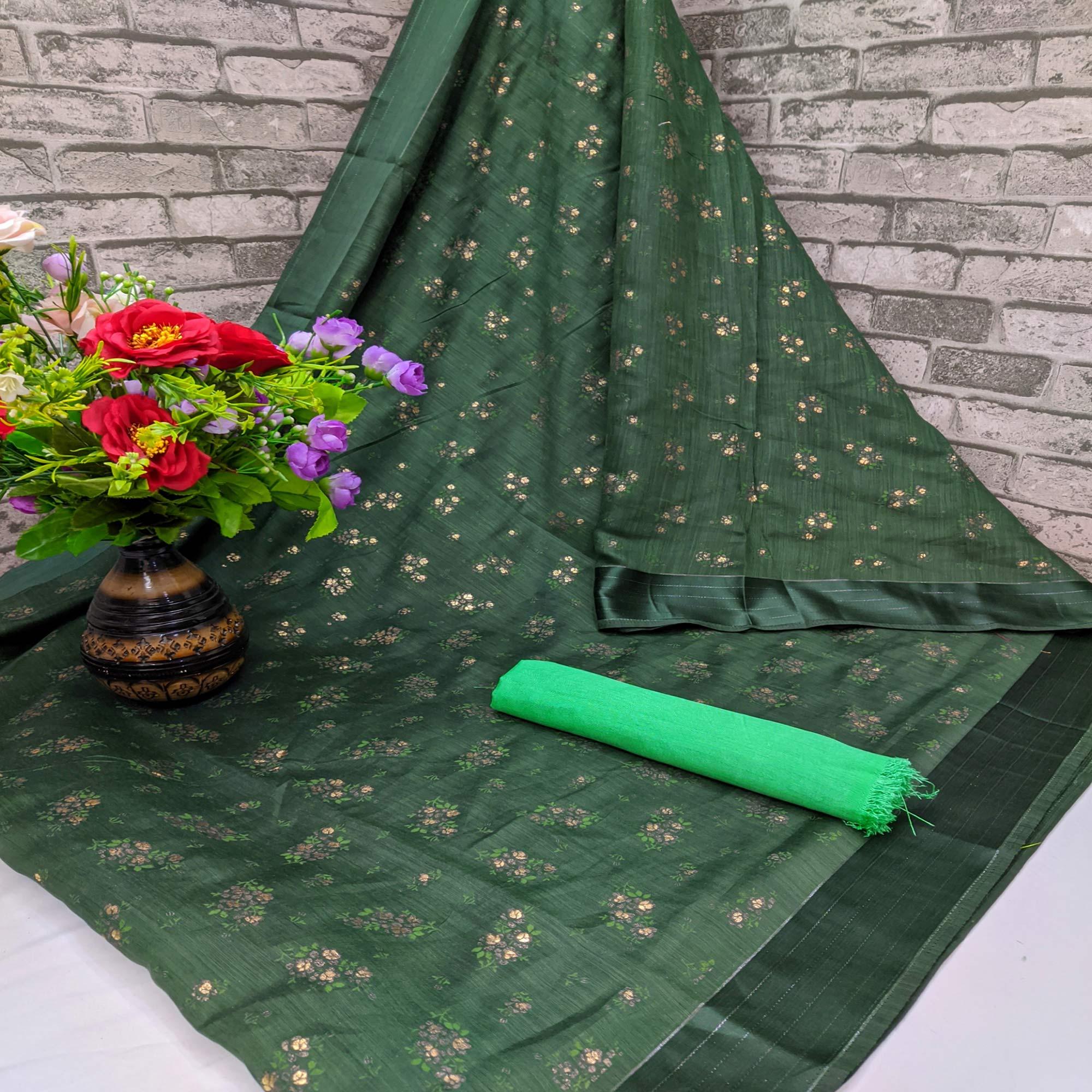 Blissful Green Colored Foil Print And Satin Woven Border Casual Wear Cotton Saree - Peachmode