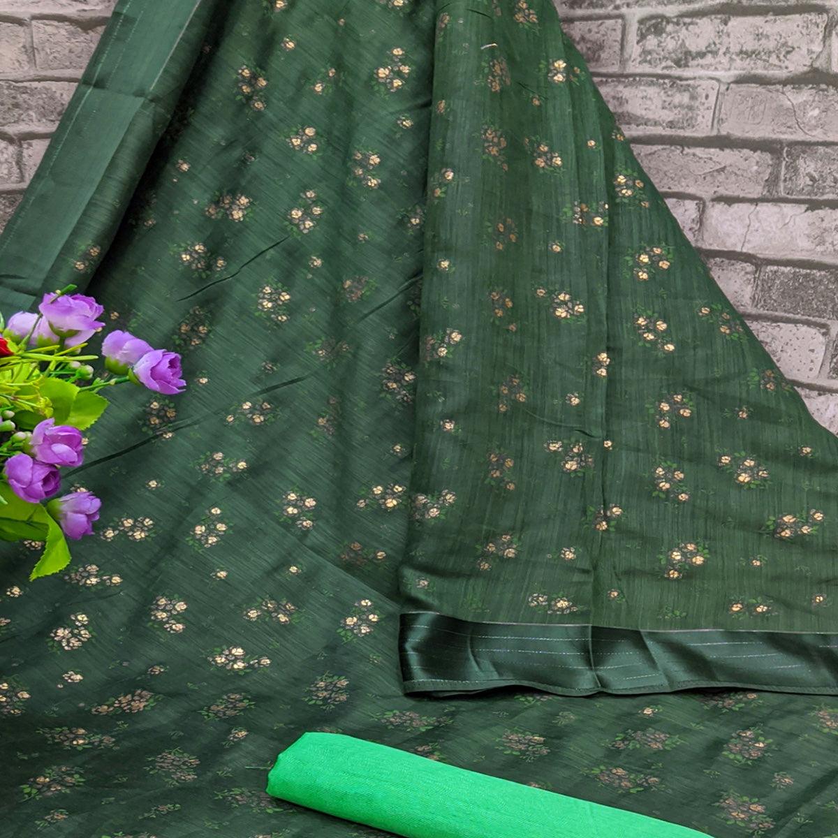 Blissful Green Colored Foil Print And Satin Woven Border Casual Wear Cotton Saree - Peachmode