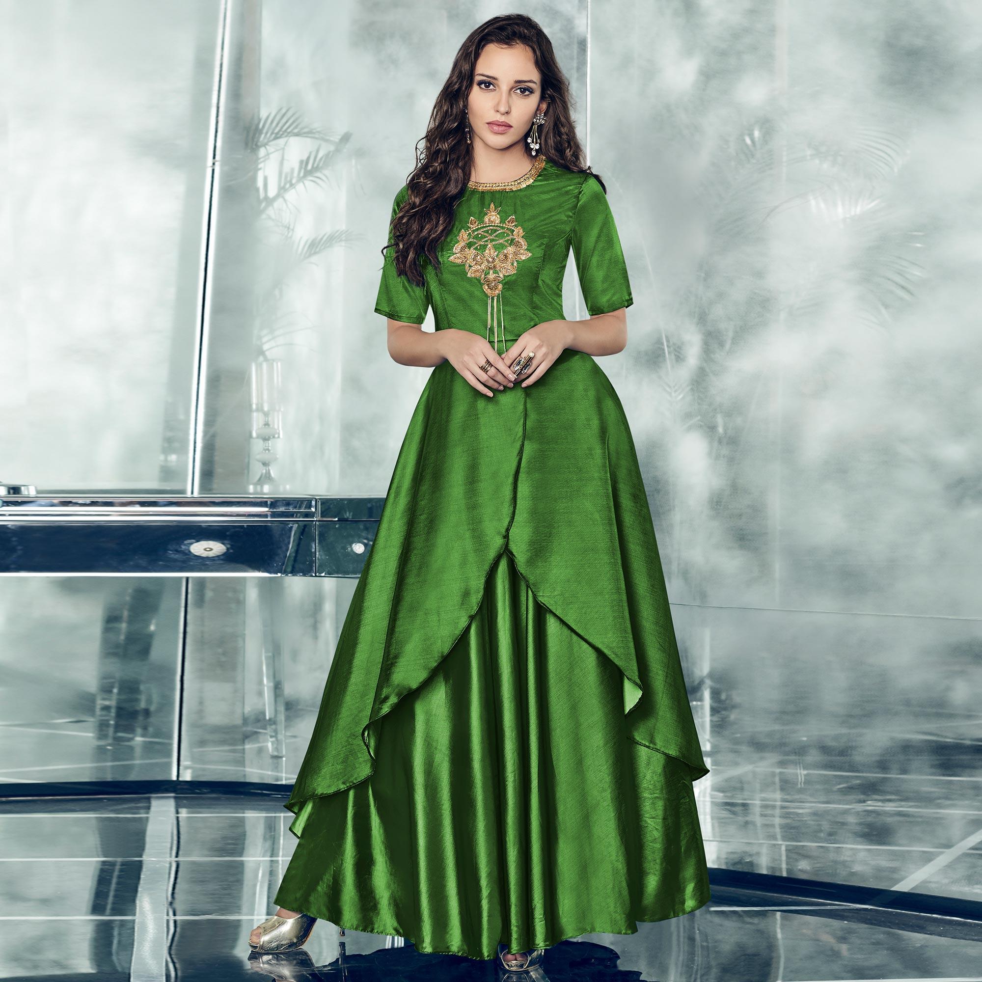 Blissful Green Colored Partywear Embroidered Tapetta-Satin Gown - Peachmode