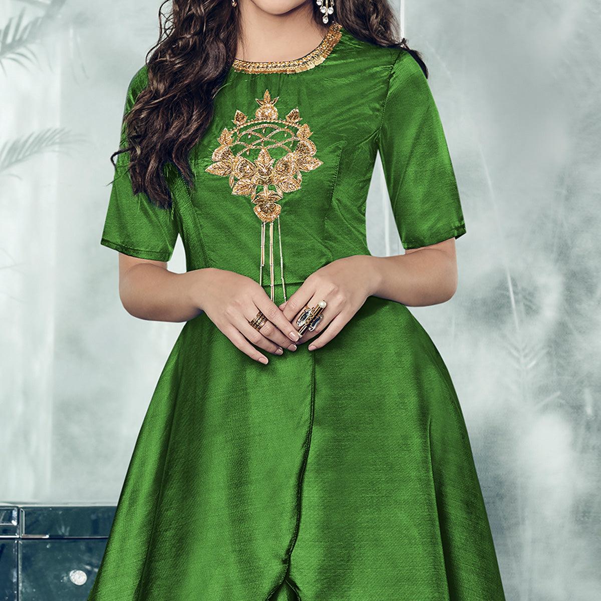 Blissful Green Colored Partywear Embroidered Tapetta-Satin Gown - Peachmode