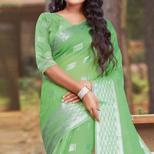 Blissful Green Coloured Partywear Woven Linen Cotton Saree - Peachmode