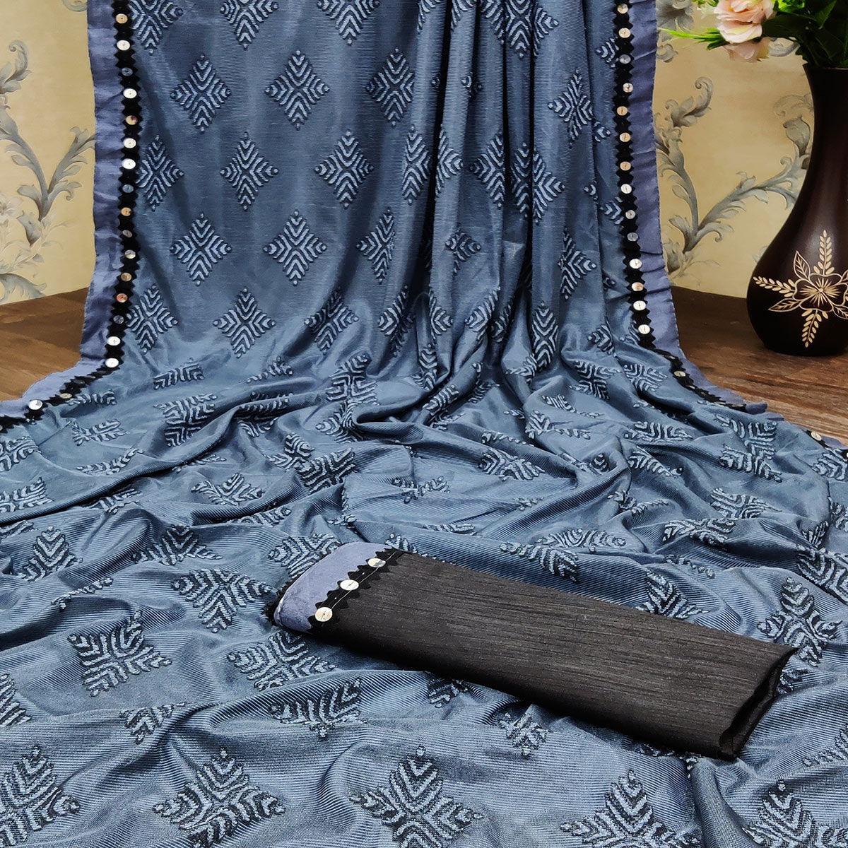 Blissful Grey Colored Festive Wear Woven Lycra Saree - Peachmode