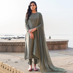 Blissful Grey Coloured Handwork Partywear Cotton Silk Palazzo Suit - Peachmode