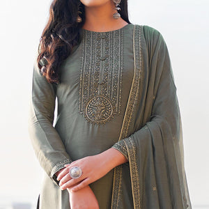 Blissful Grey Coloured Handwork Partywear Cotton Silk Palazzo Suit - Peachmode