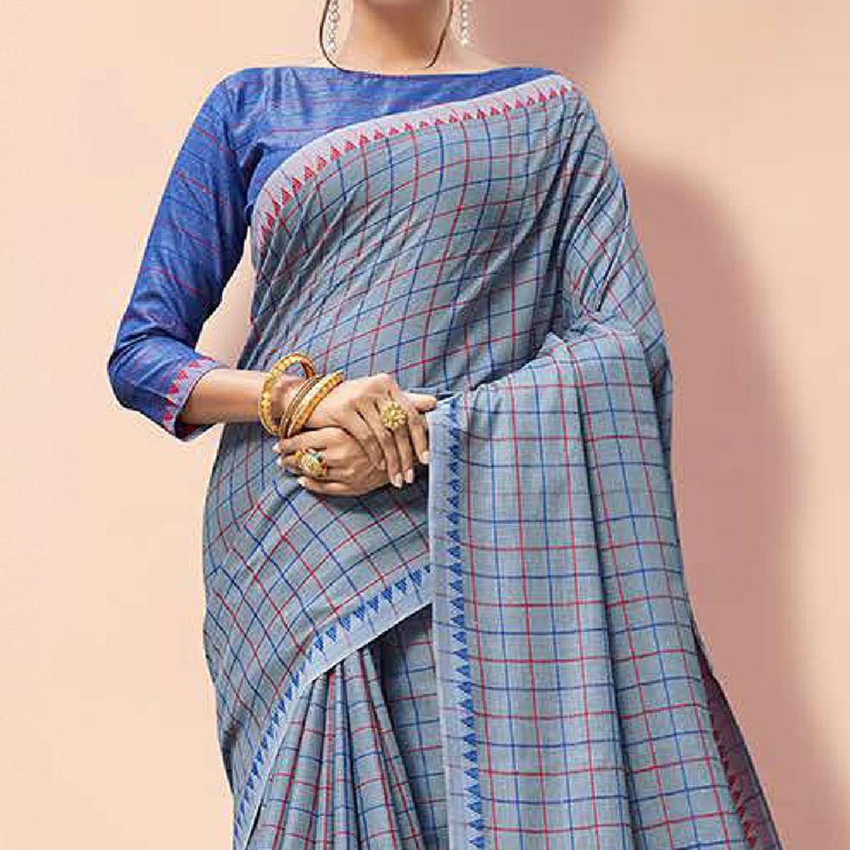 Blissful Light Blue Colored Partywear Printed Linen Cotton Saree - Peachmode
