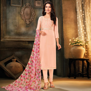 Blissful Light Pink Colored Partywear Embroidered Chanderi Dress Material - Peachmode