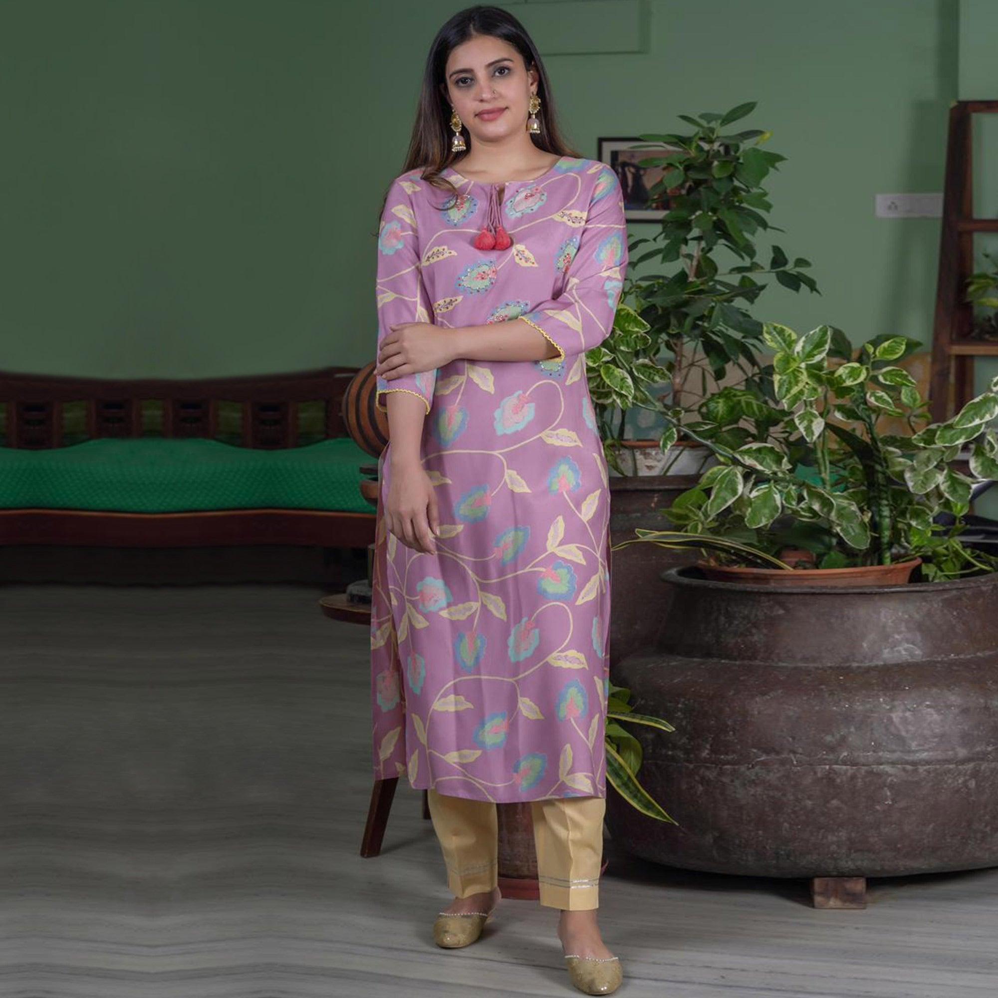 Blissful Light Purple Colored Casual Wear Printed Cotton Silk Kurti - Peachmode