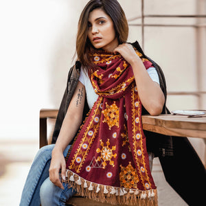 Blissful Maroon Colored Embroidered Khadi Muffler Stole - Peachmode