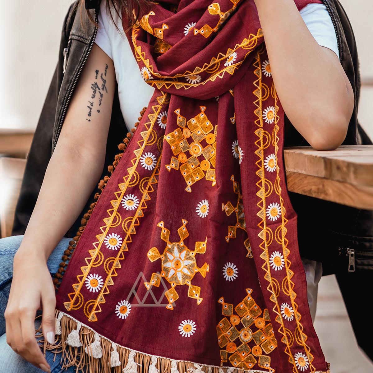 Blissful Maroon Colored Embroidered Khadi Muffler Stole - Peachmode