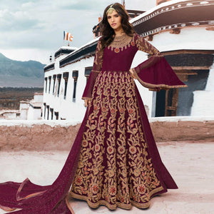 Blissful Maroon Colored Partywear Embroidered Netted Anarkali Suit - Peachmode
