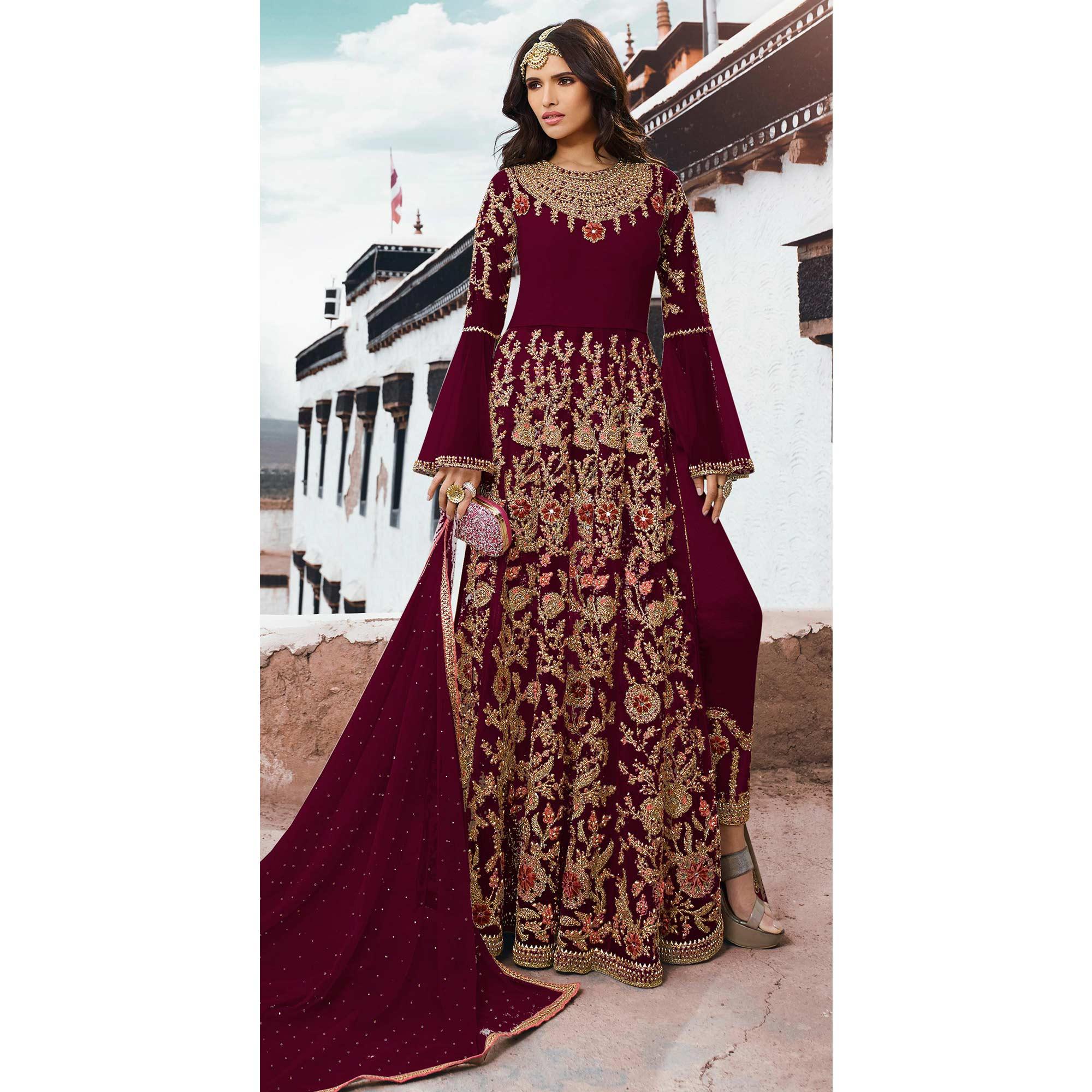 Blissful Maroon Colored Partywear Embroidered Netted Anarkali Suit - Peachmode