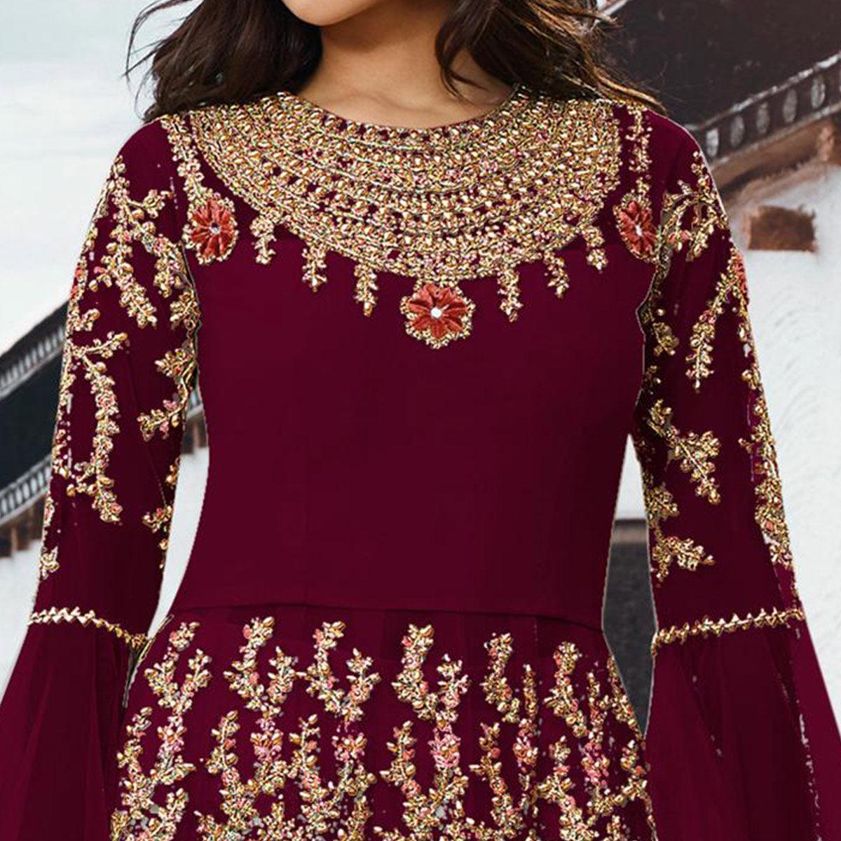 Blissful Maroon Colored Partywear Embroidered Netted Anarkali Suit - Peachmode
