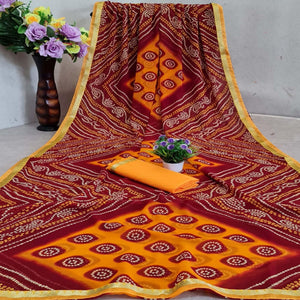 Blissful Maroon - Yellow Colored Festive Wear Woven Moss Georgette Saree - Peachmode