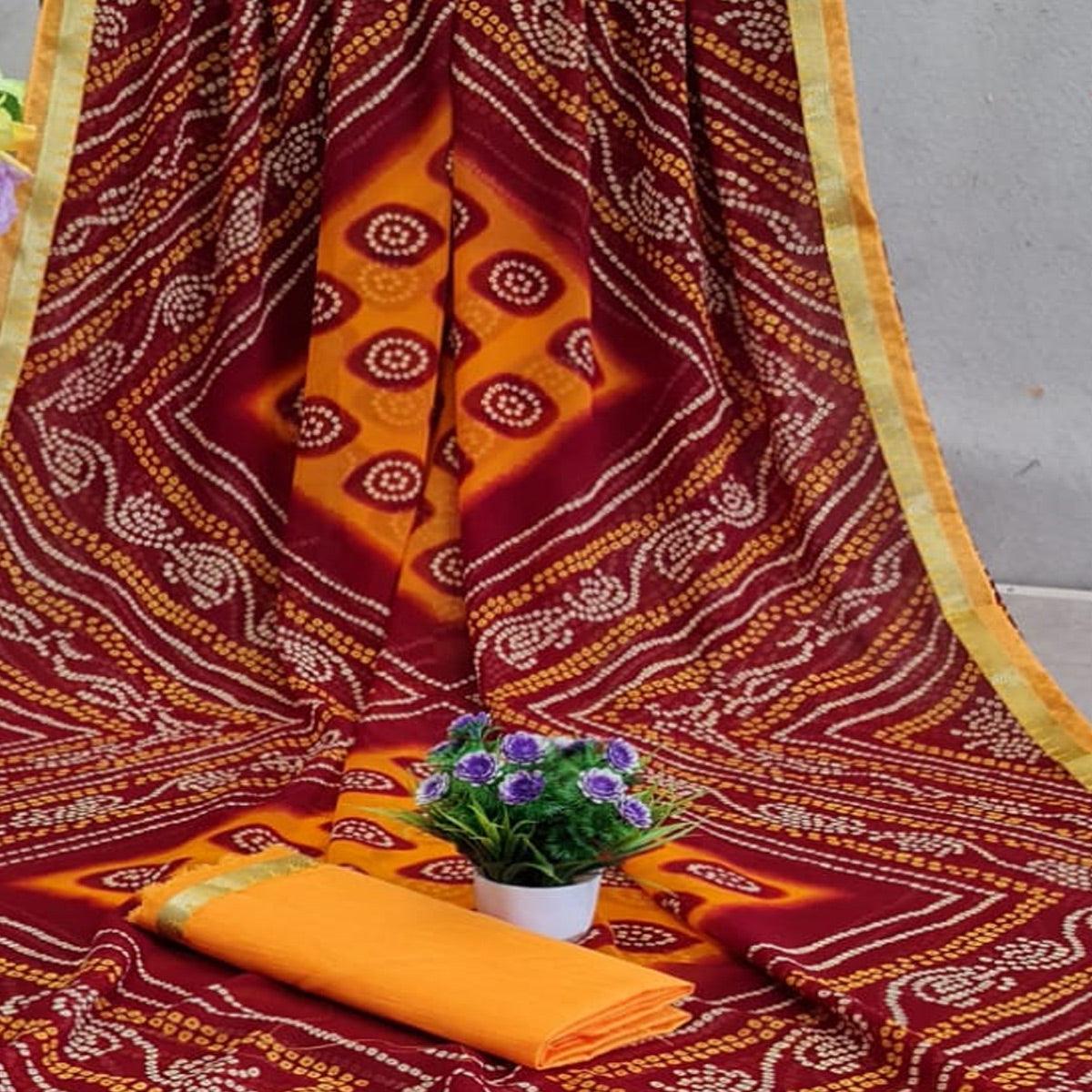 Blissful Maroon - Yellow Colored Festive Wear Woven Moss Georgette Saree - Peachmode