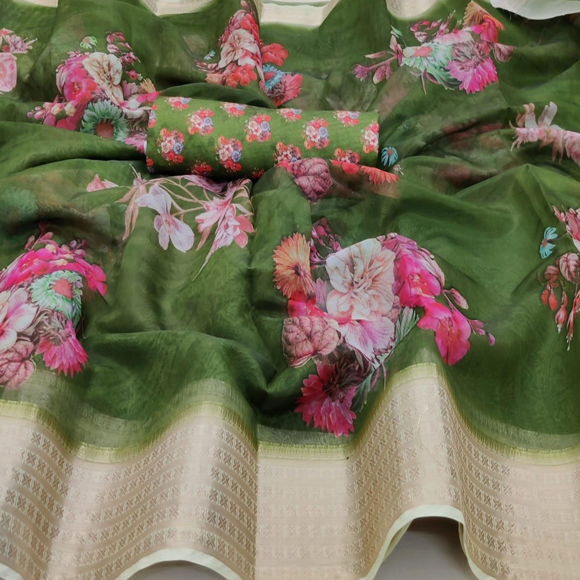 Blissful Mehendi Green Colored Partywear Digital Printed Georgette Saree - Peachmode