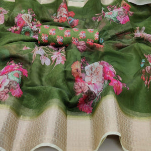 Blissful Mehendi Green Colored Partywear Digital Printed Georgette Saree - Peachmode