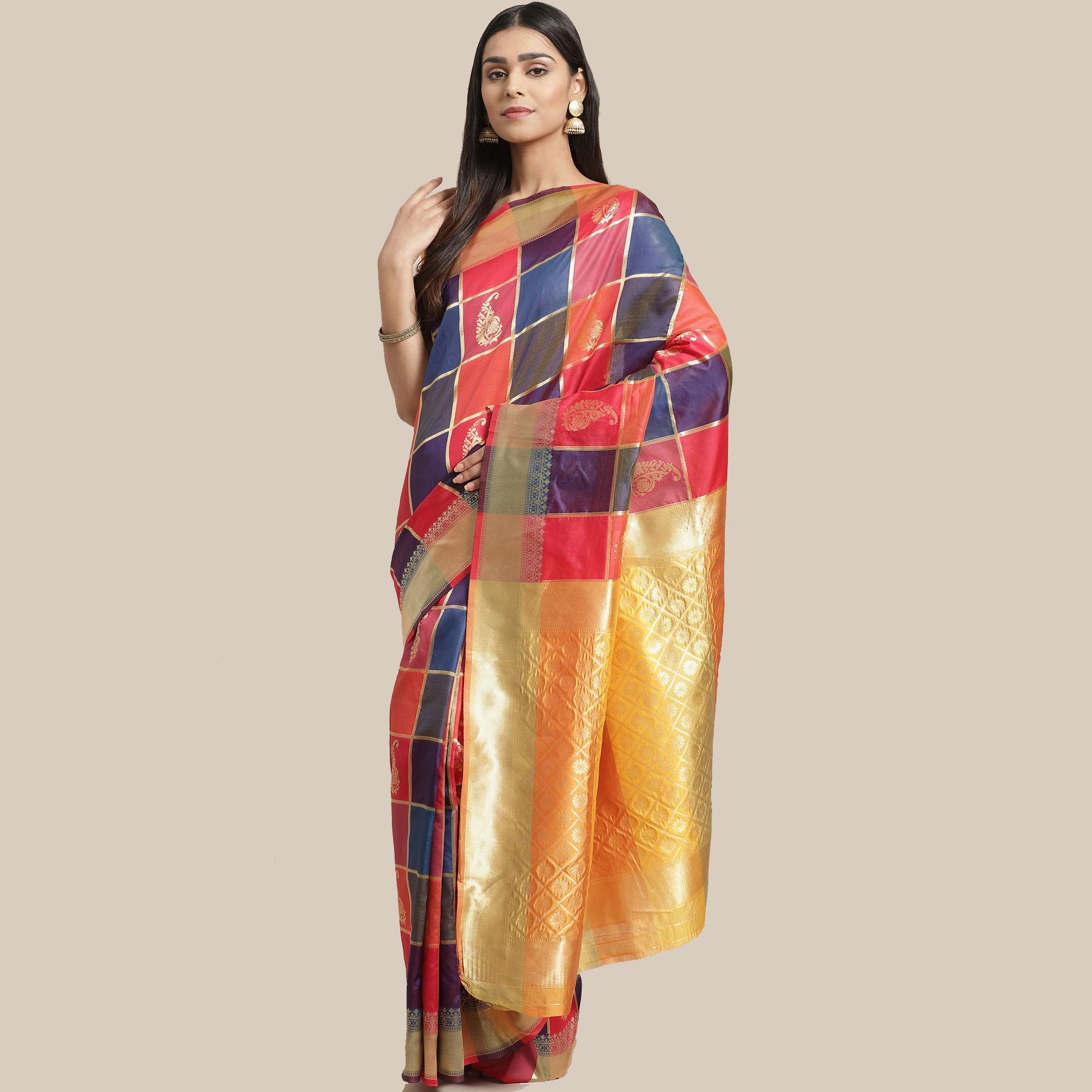 Blissful Multi Colored Festive Wear Woven Silk Blend Saree - Peachmode