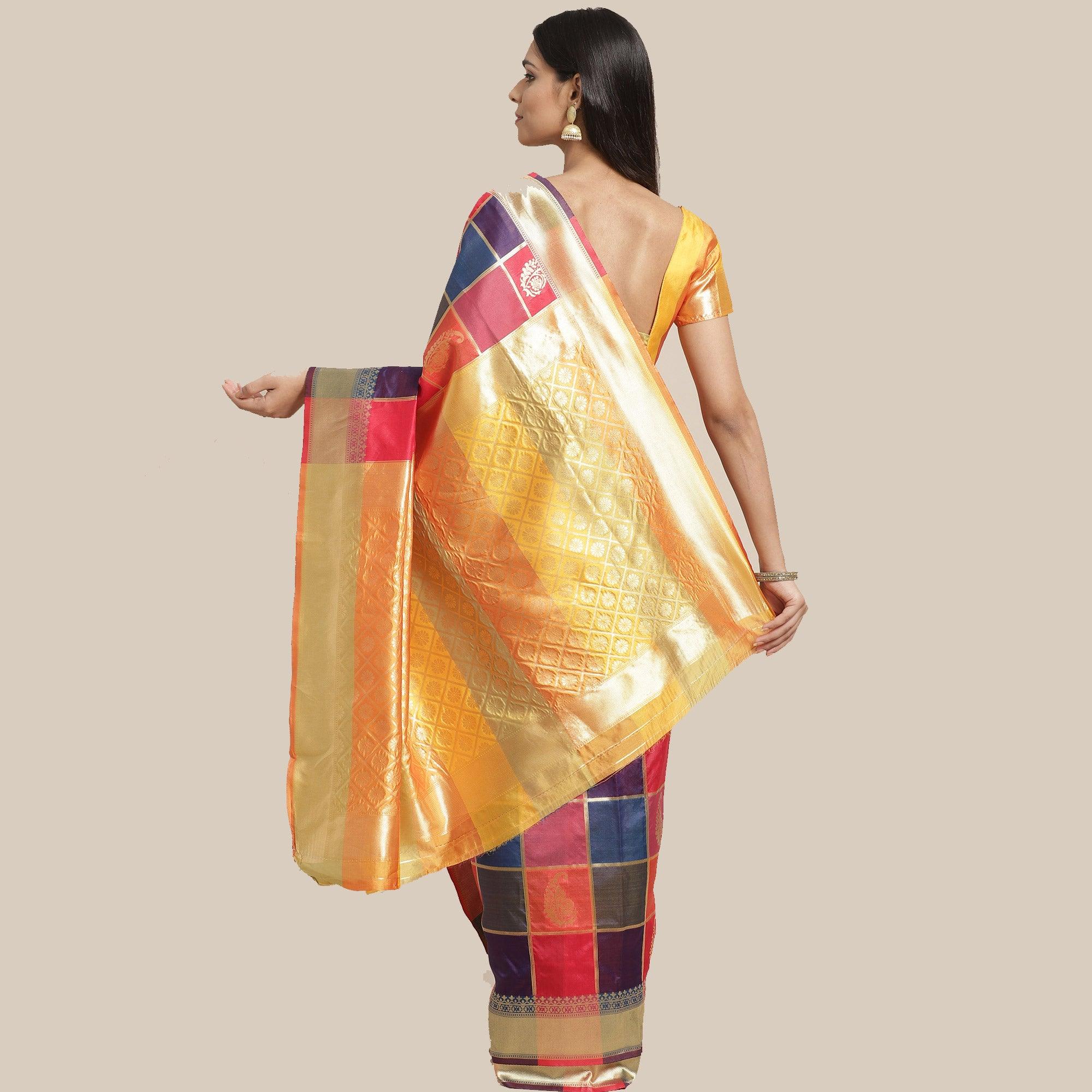Blissful Multi Colored Festive Wear Woven Silk Blend Saree - Peachmode