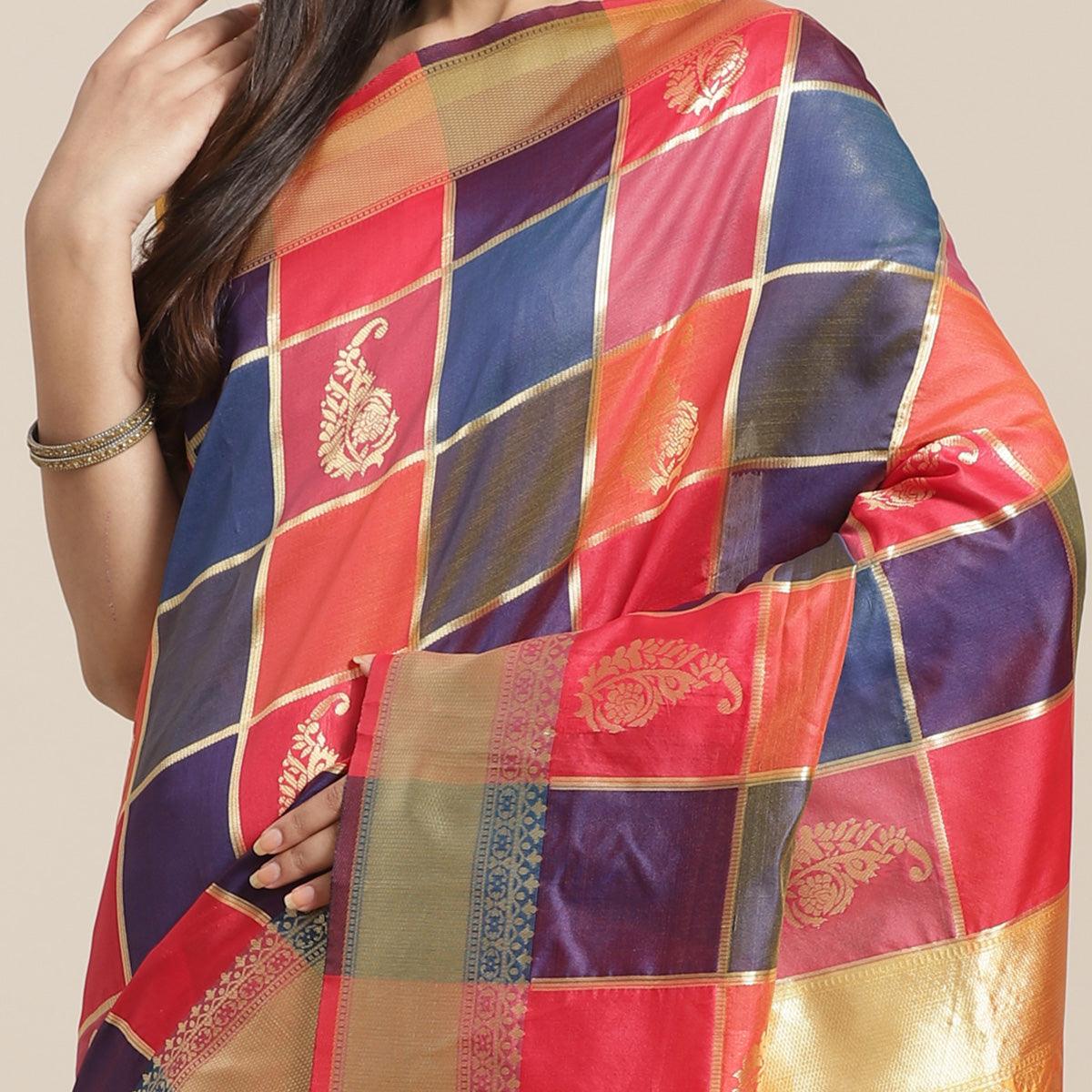 Blissful Multi Colored Festive Wear Woven Silk Blend Saree - Peachmode