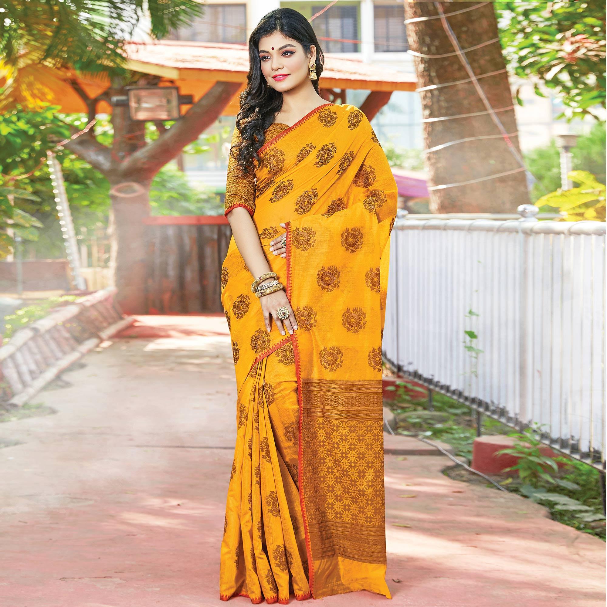 Blissful Mustard Yellow Colored Festive Wear Woven Cotton Handloom Saree - Peachmode