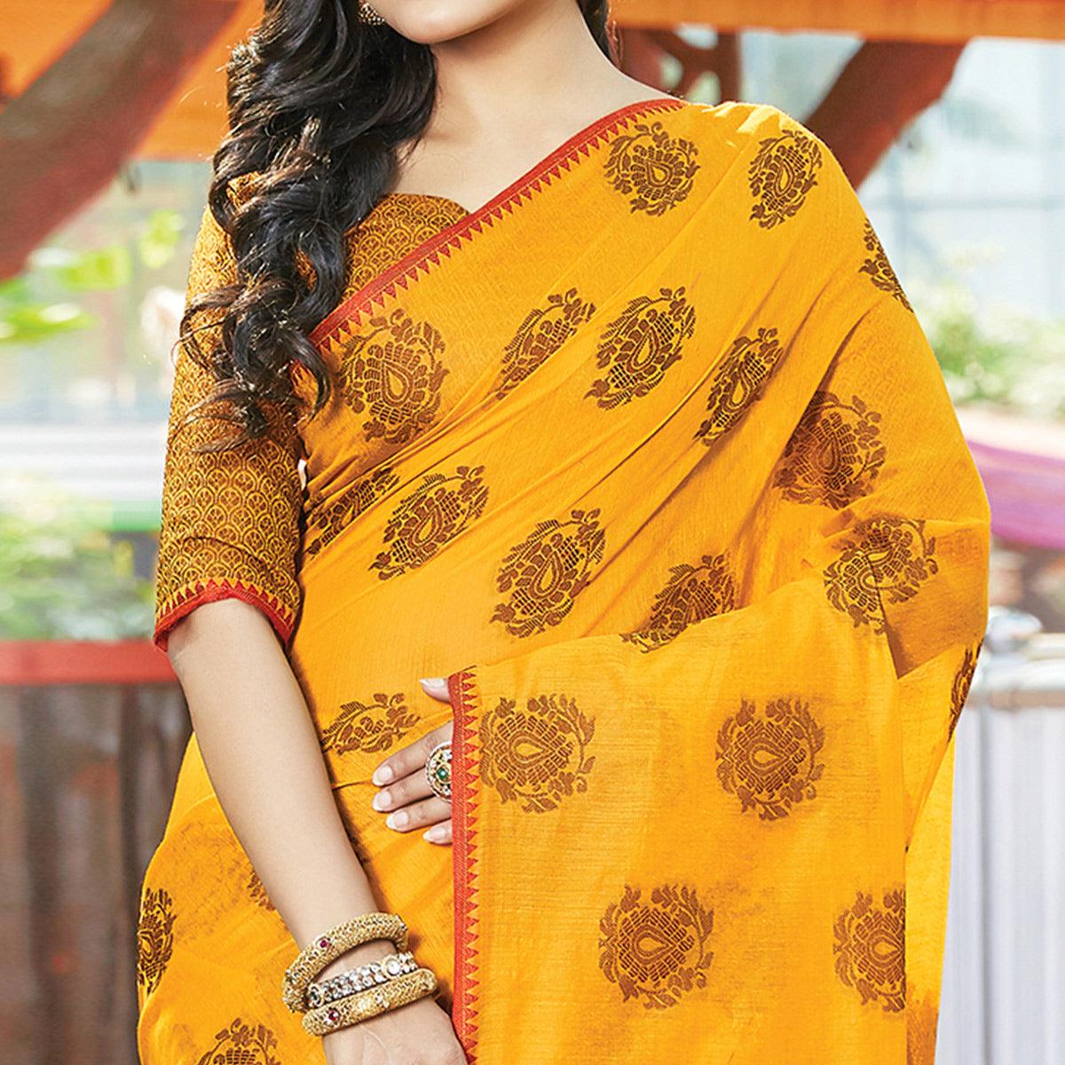 Blissful Mustard Yellow Colored Festive Wear Woven Cotton Handloom Saree - Peachmode