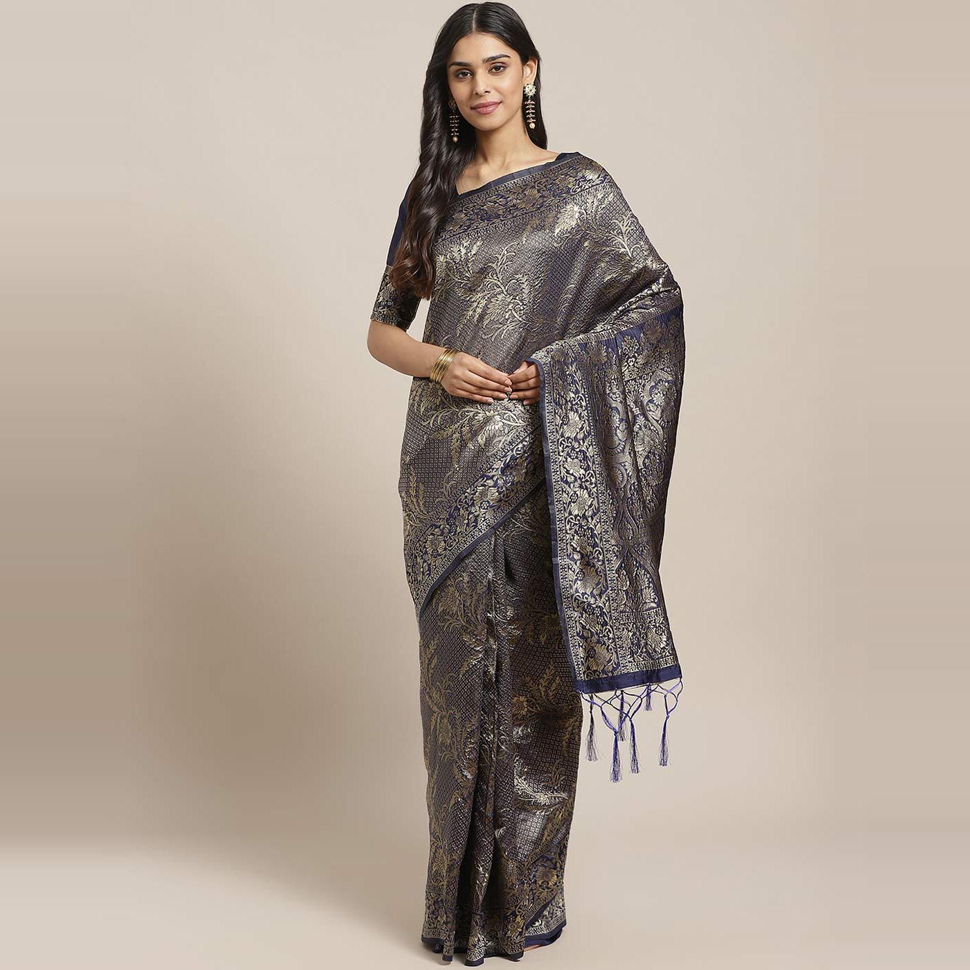 Blissful Navy Blue Colored Festive Wear Woven Silk Blend Saree - Peachmode