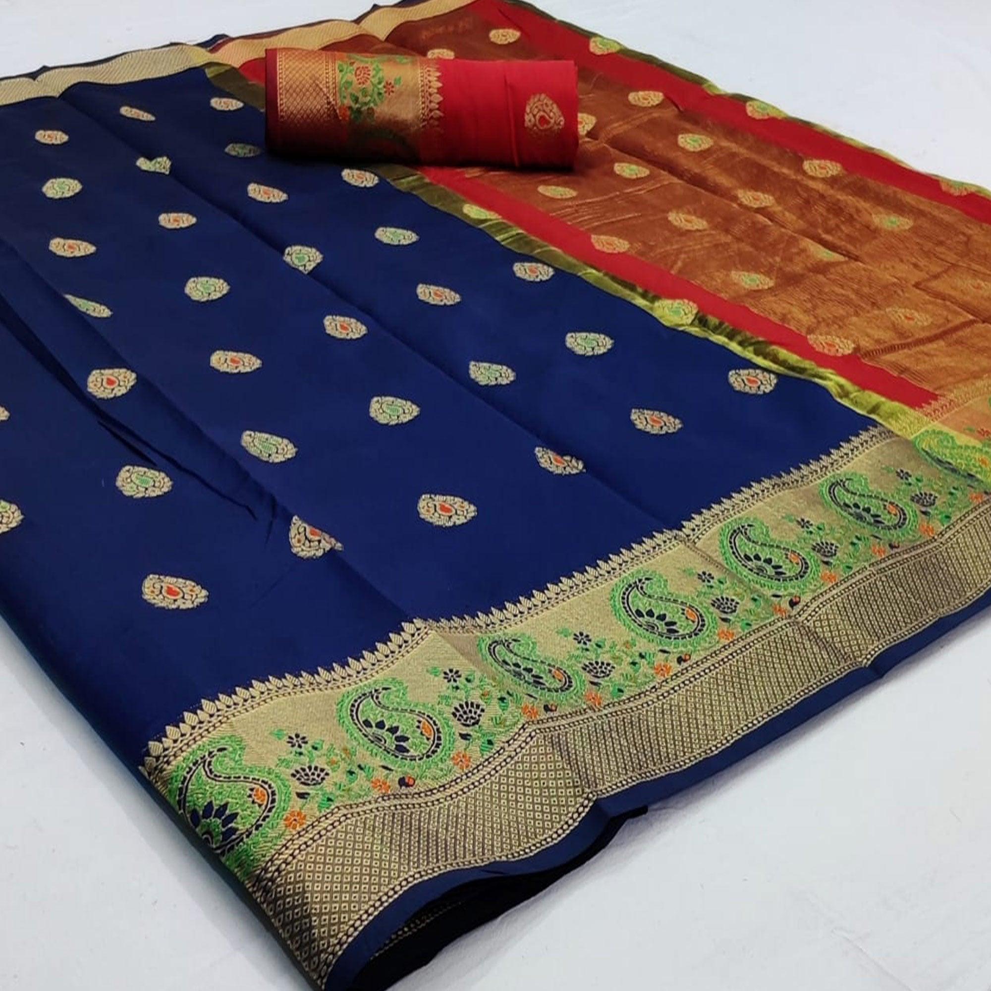 Blissful Navy Blue Colored Festive Wear Woven Soft Silk Saree - Peachmode