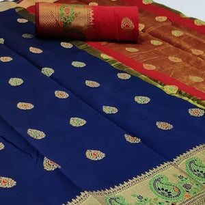 Blissful Navy Blue Colored Festive Wear Woven Soft Silk Saree - Peachmode