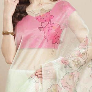 Blissful Offwhite Colored Casual Wear Printed Organza Saree - Peachmode