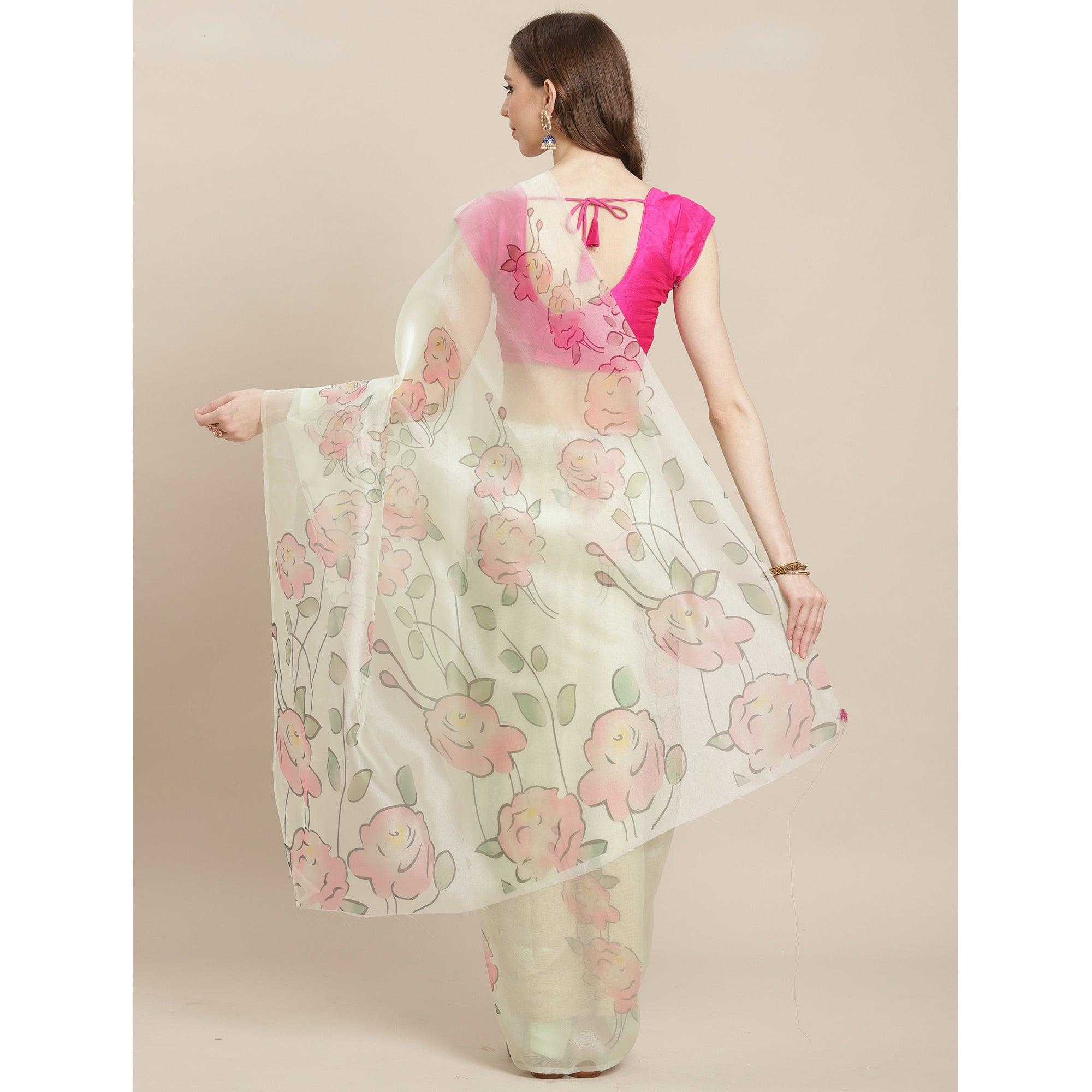 Blissful Offwhite Colored Casual Wear Printed Organza Saree - Peachmode