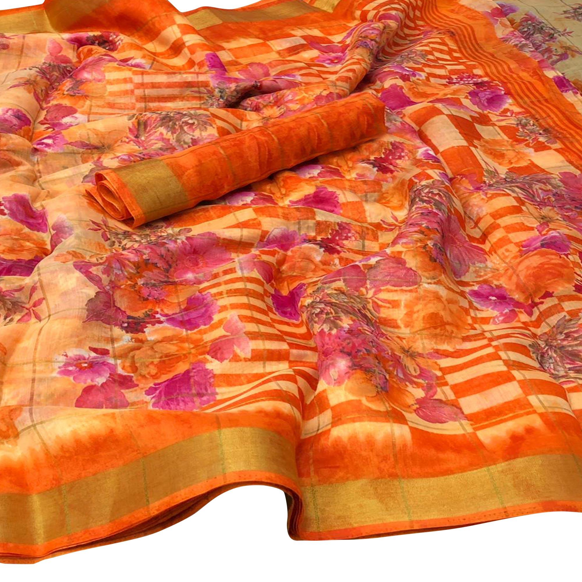 Blissful Orange Colored Casual Floral Printed Cotton Saree - Peachmode