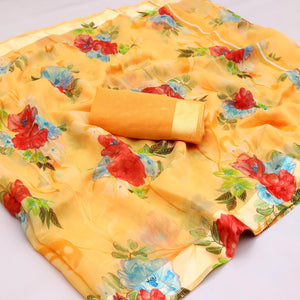 Blissful Orange Colored Casual Wear Floral Printed Cotton Blend Saree - Peachmode