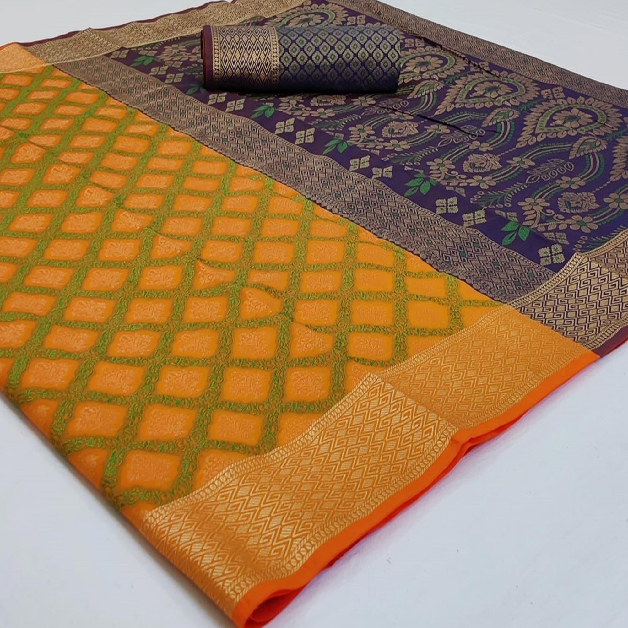 Blissful Orange Colored Festive Wear Woven Patola Silk Saree - Peachmode