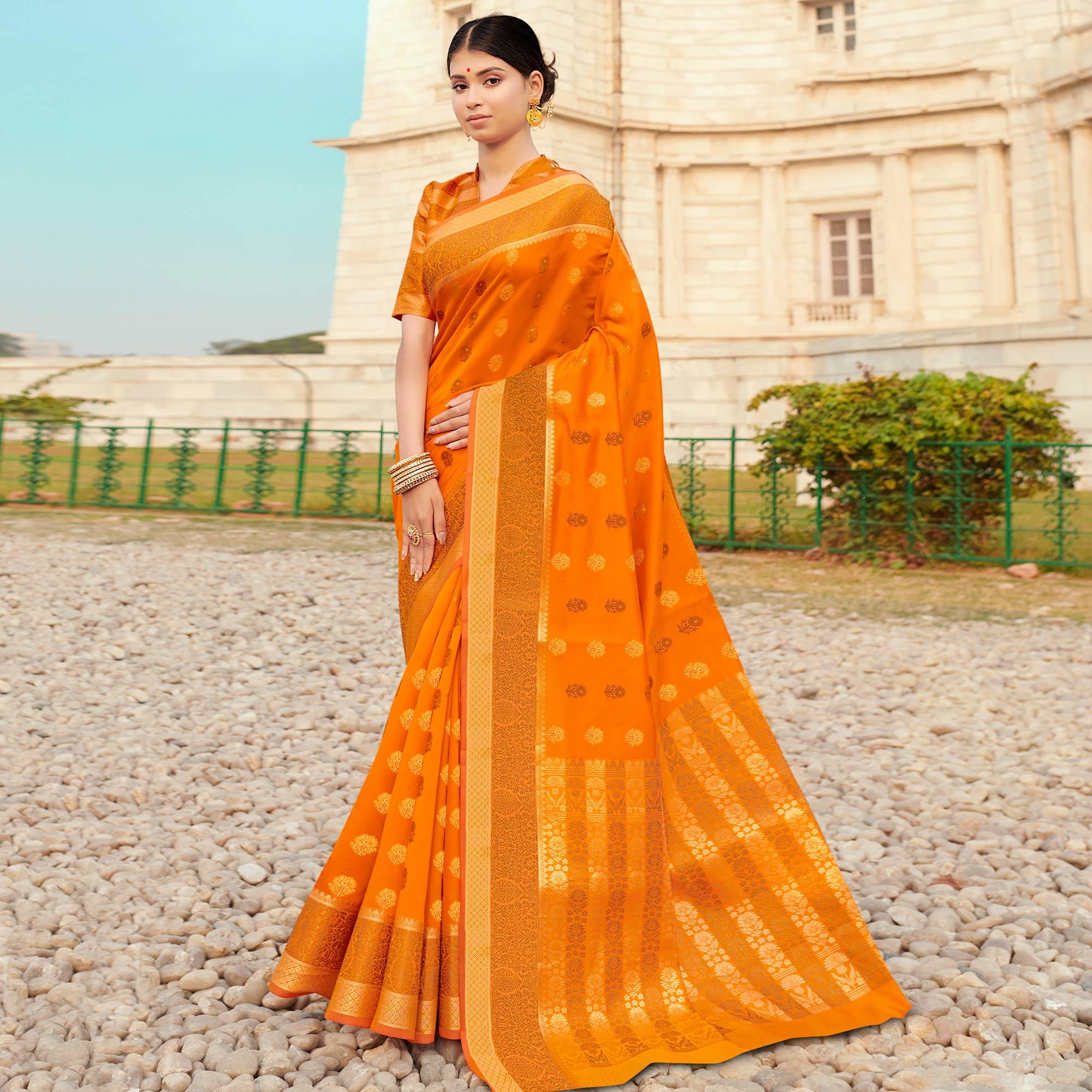 Blissful Orange Colored Festive Wear Woven Silk Saree - Peachmode