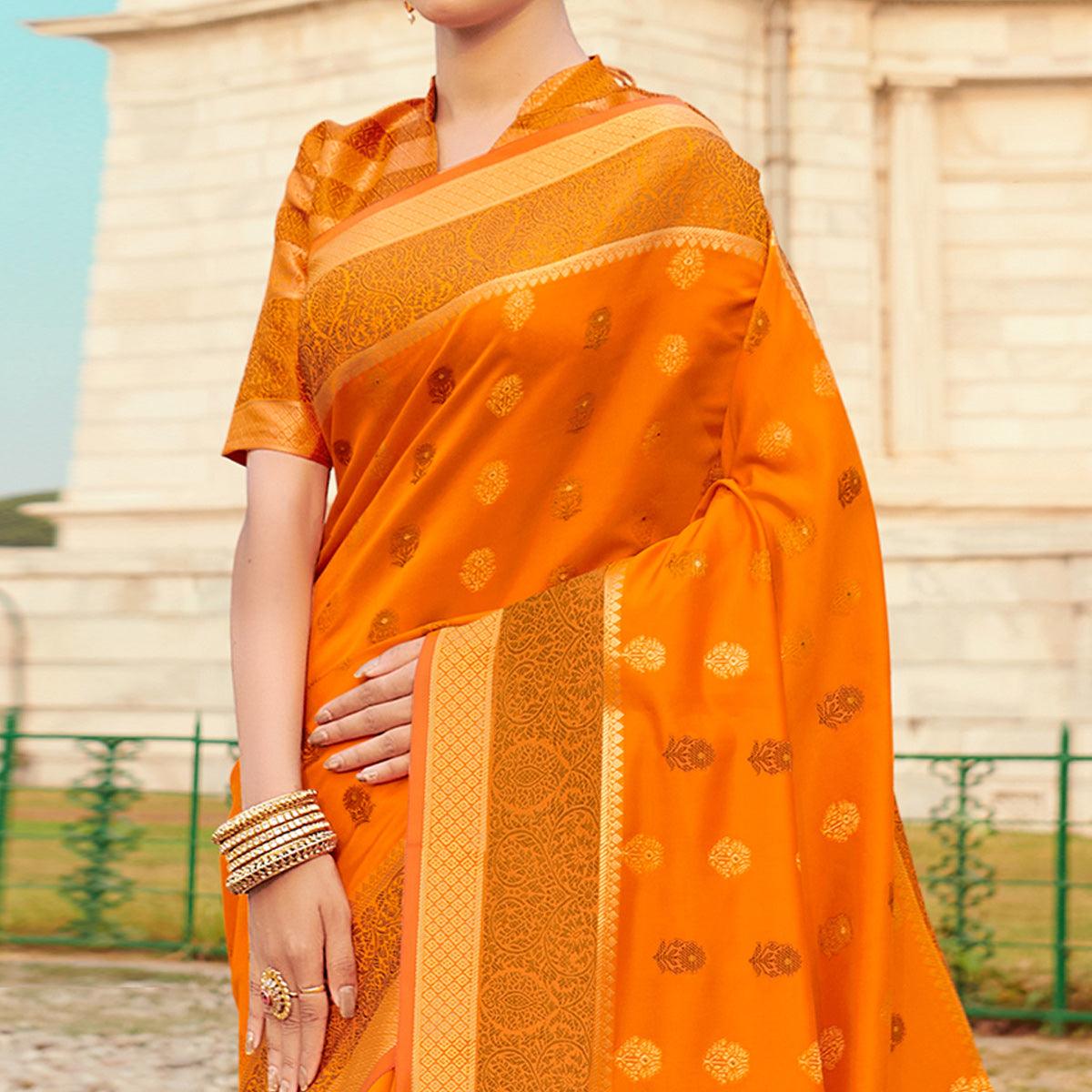 Blissful Orange Colored Festive Wear Woven Silk Saree - Peachmode