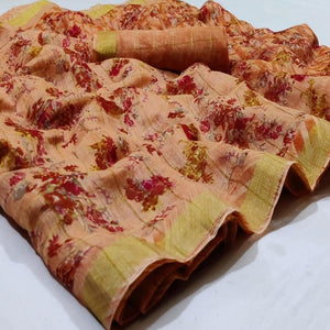 Blissful Peach Colored Casual Wear Fancy Printed Cotton Saree - Peachmode