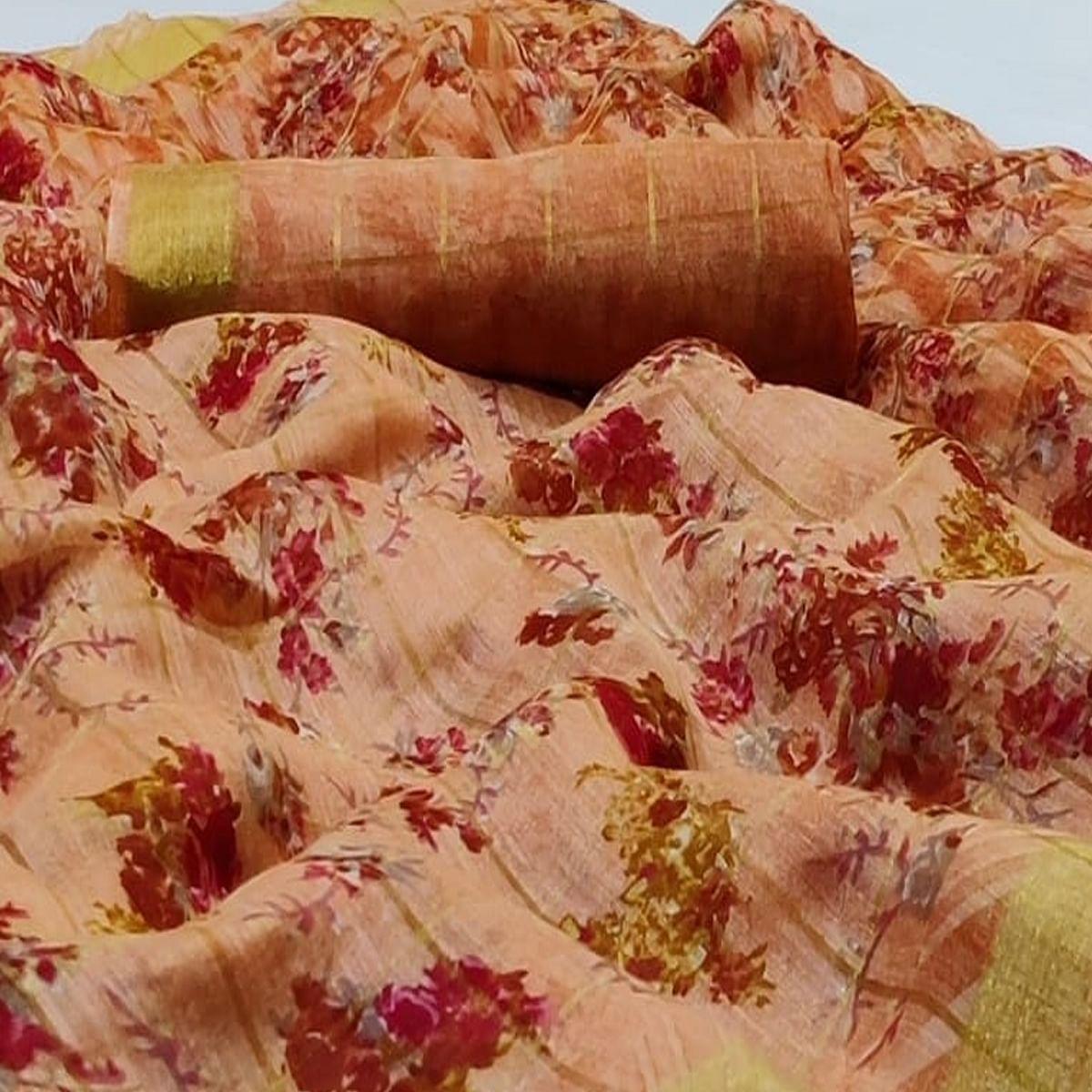 Blissful Peach Colored Casual Wear Fancy Printed Cotton Saree - Peachmode