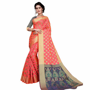Blissful Peach Colored Festive Wear Woven Art Silk Saree - Peachmode