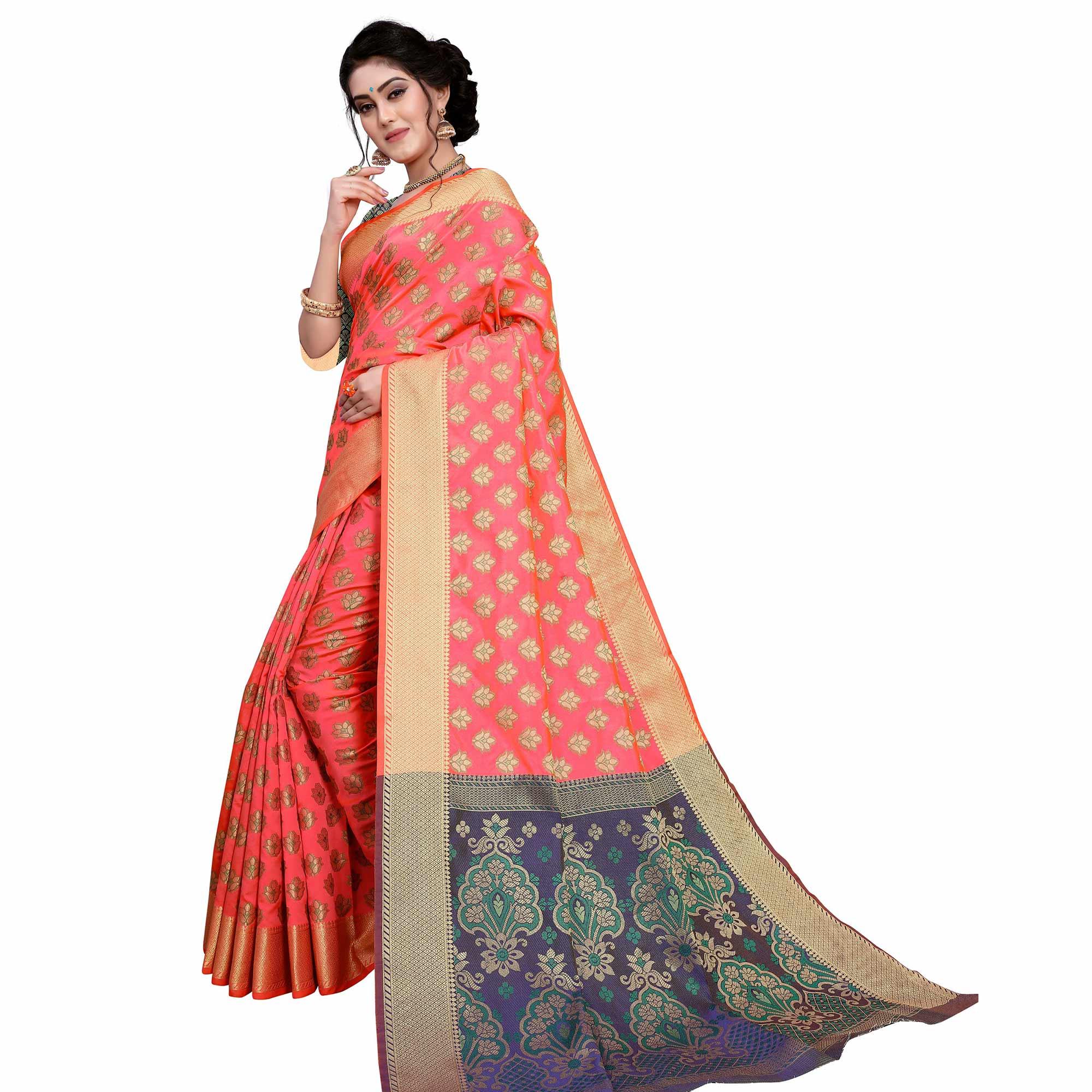 Blissful Peach Colored Festive Wear Woven Art Silk Saree - Peachmode