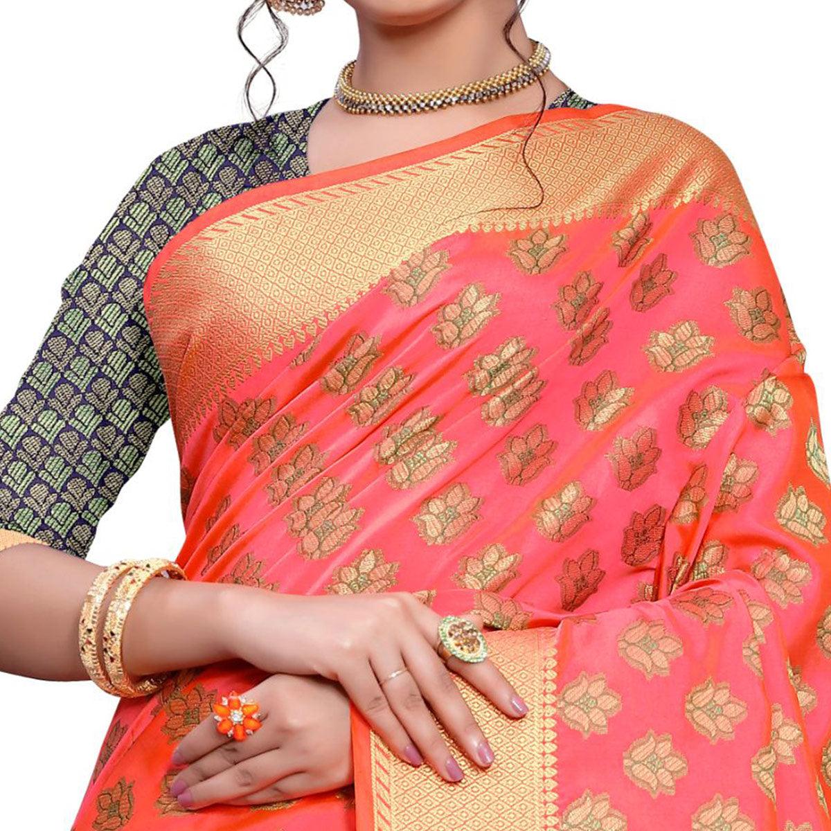 Blissful Peach Colored Festive Wear Woven Art Silk Saree - Peachmode