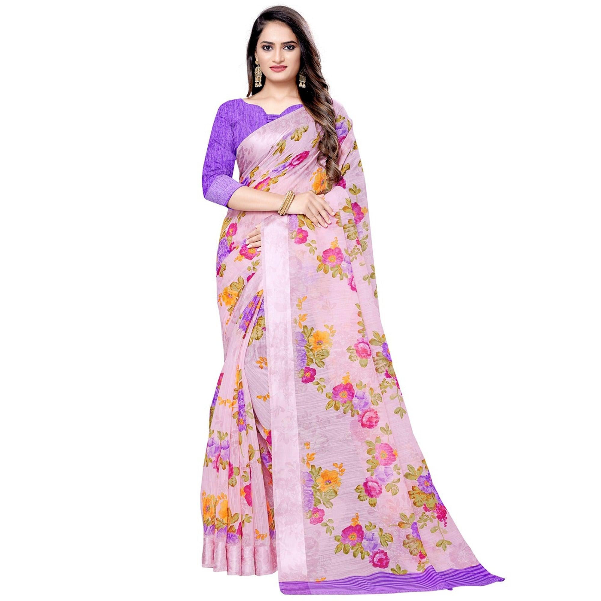 Blissful Pink Colored Casual Floral Printed Linen Saree - Peachmode